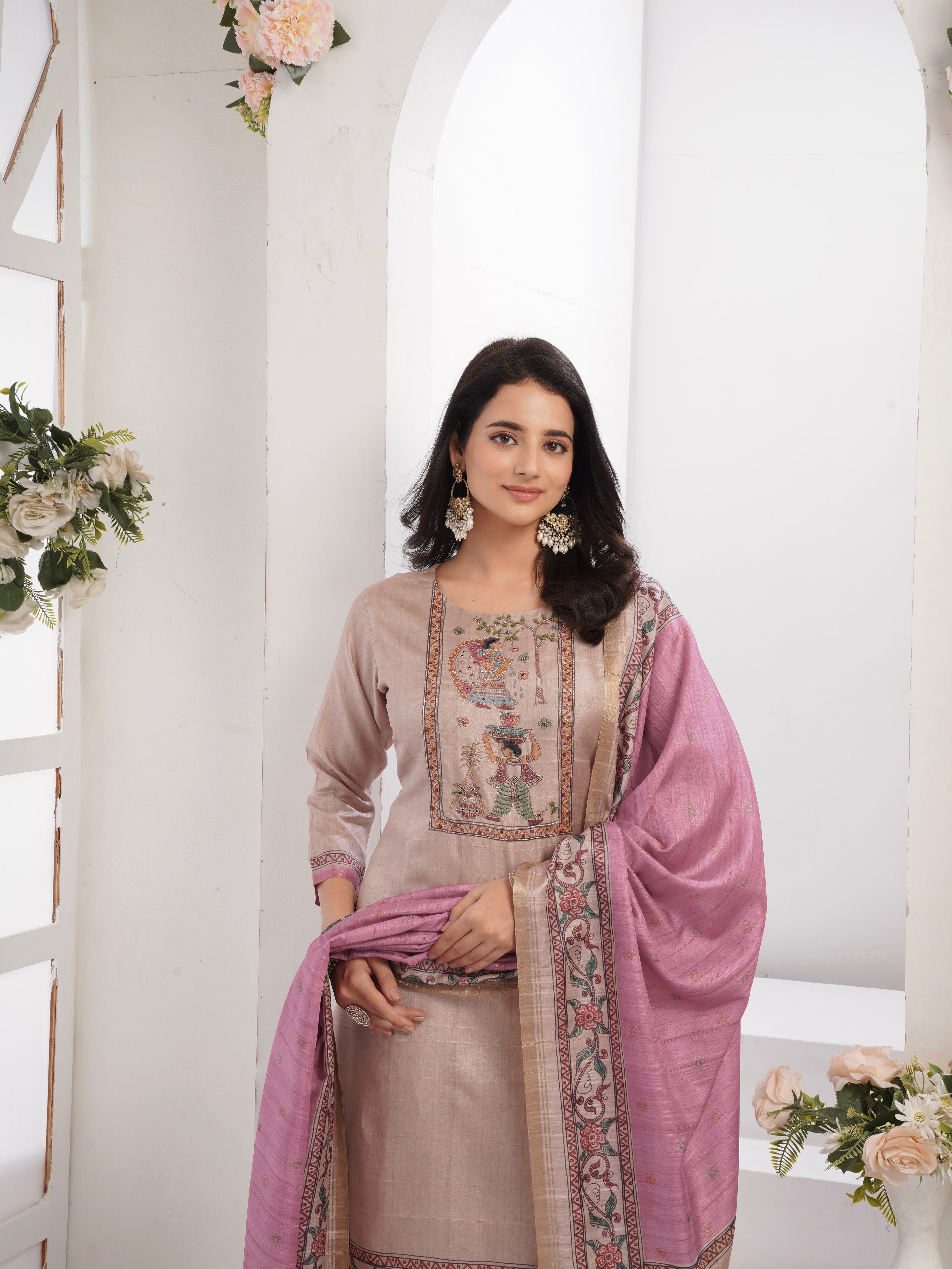 Pink Madhubani in Chiku Ready To Wear Silk kurta Set Geetha Creation