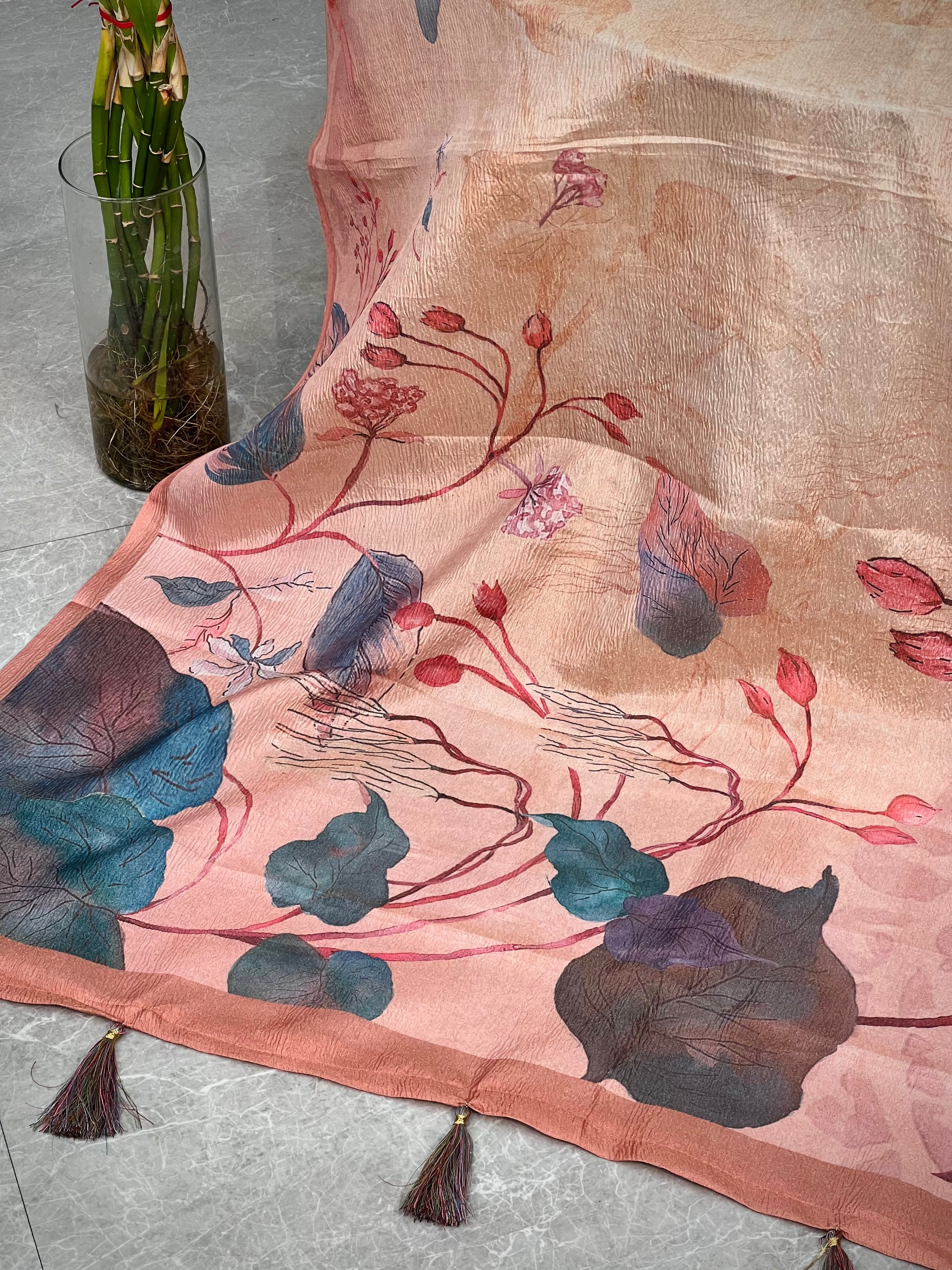 Leafy Dance in Tussar Tissue Crushed Saree Geetha Creation