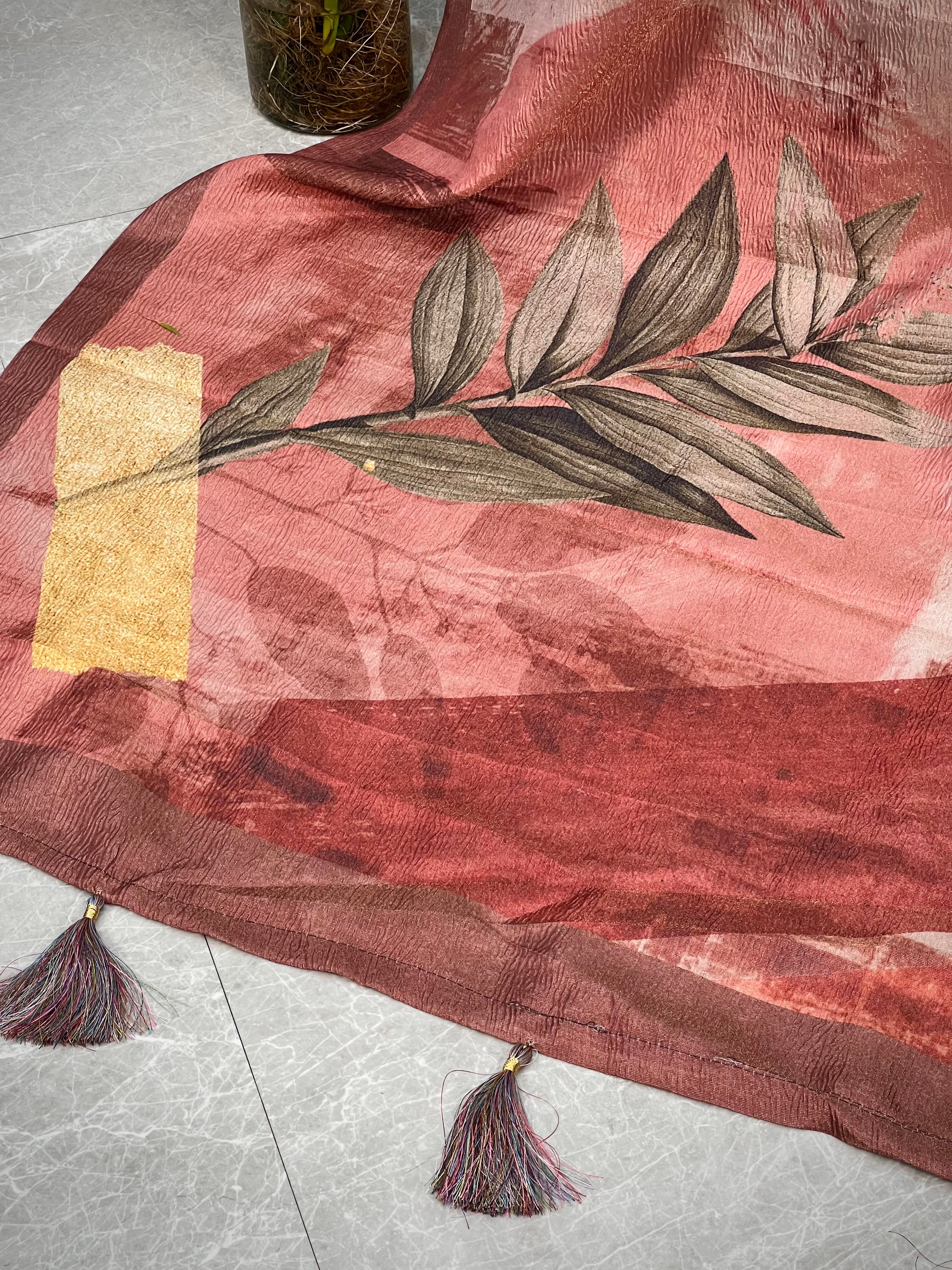 Rust Abstract Tussar Tissue Crushed Saree Geetha Creation