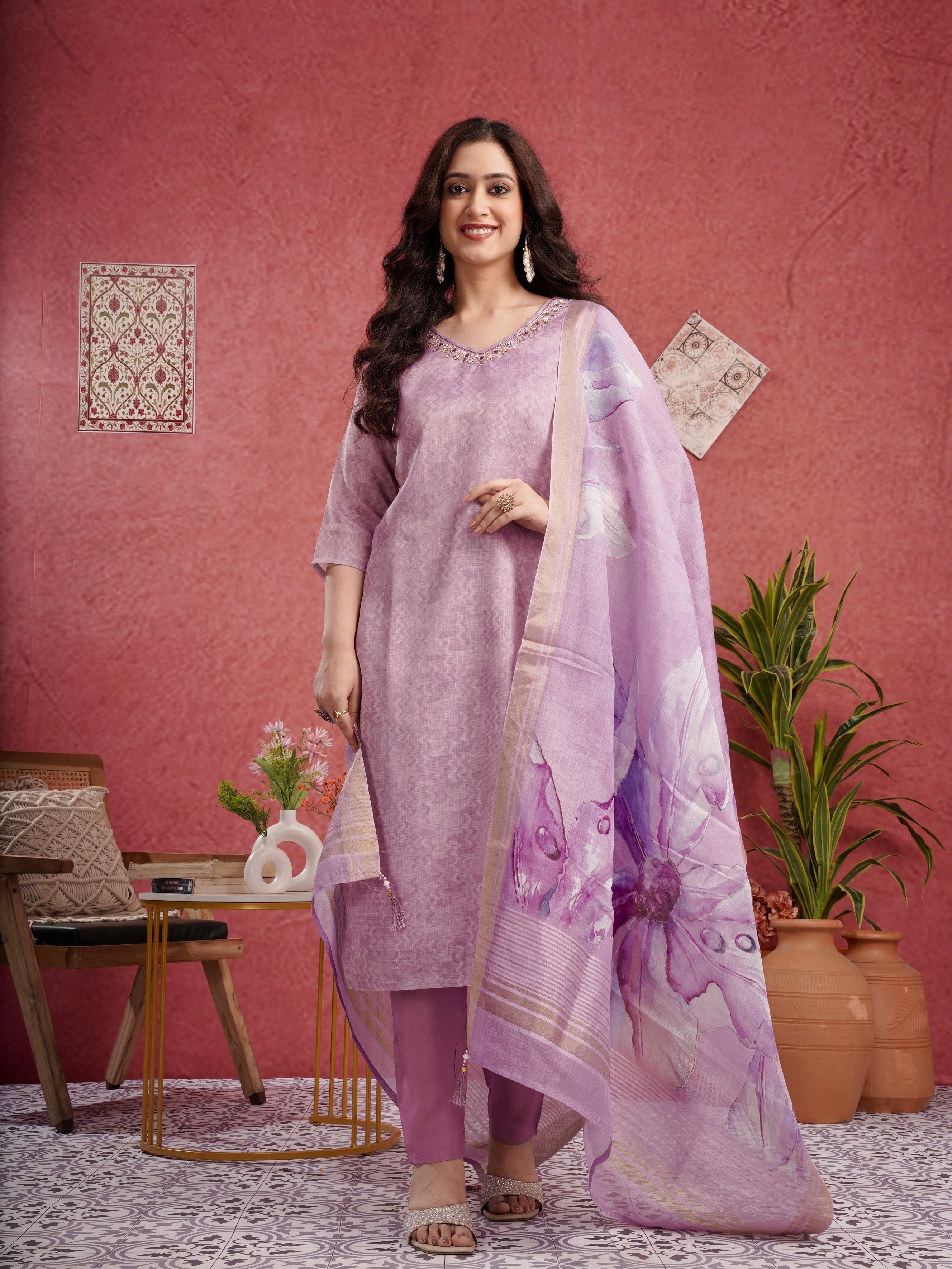 Violaceous Sparkle Linen Ready To Wear Kurti Set Geetha Creation