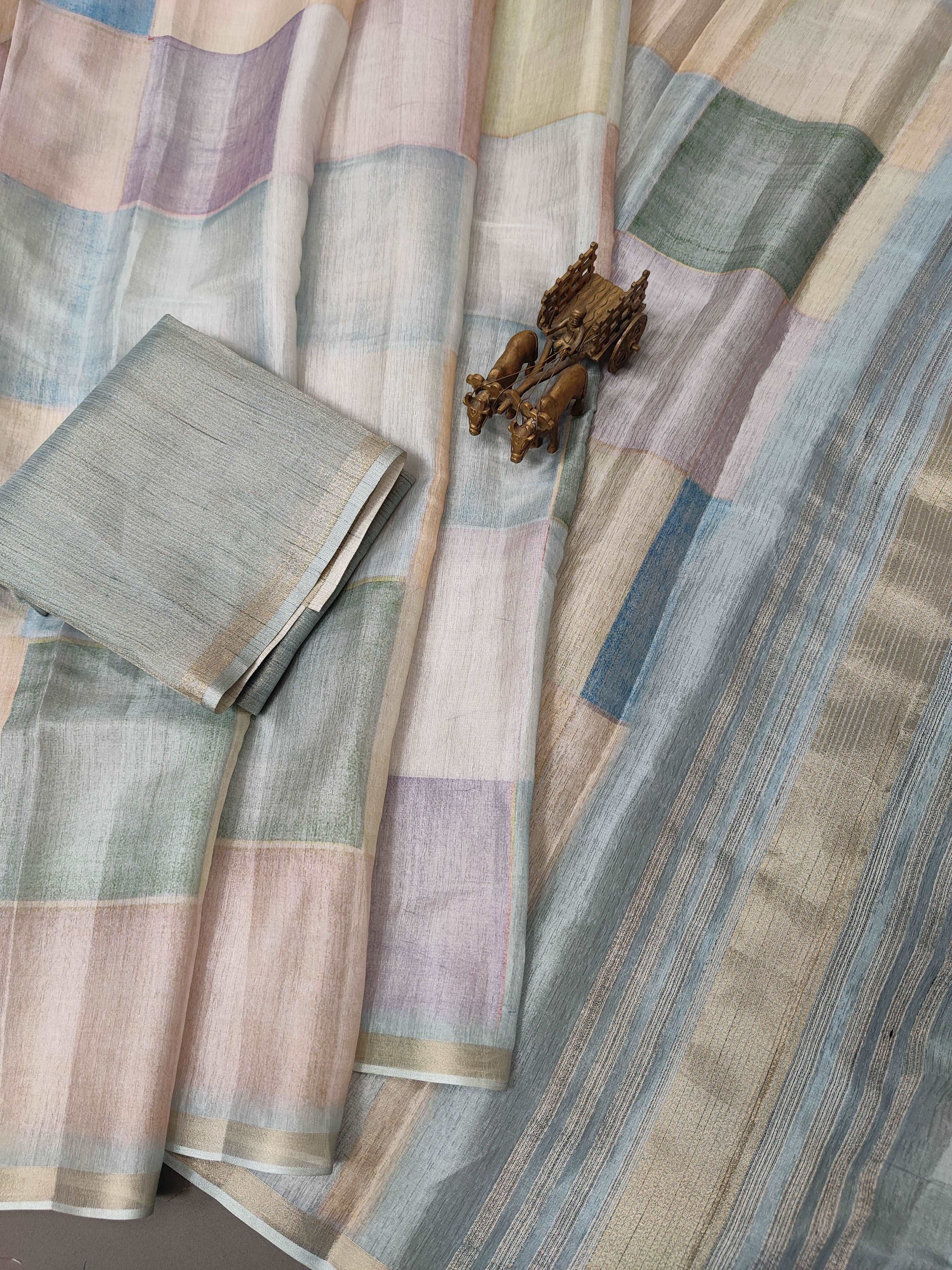 Blue Pastel Blocks Radiant Satin Saree CSB1
