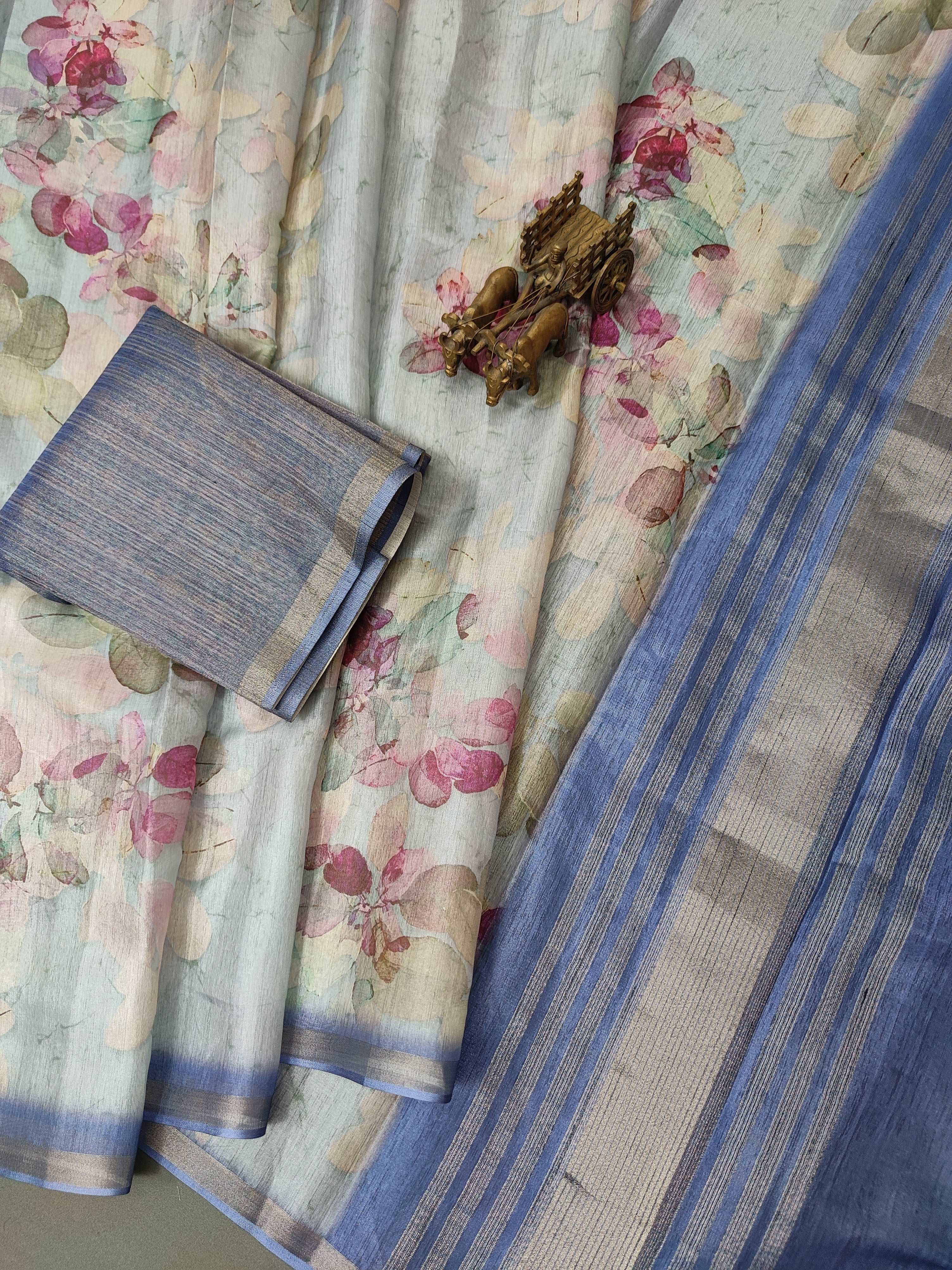 Blue Elegance with Pink Petals Radiant Satin Saree CSB1