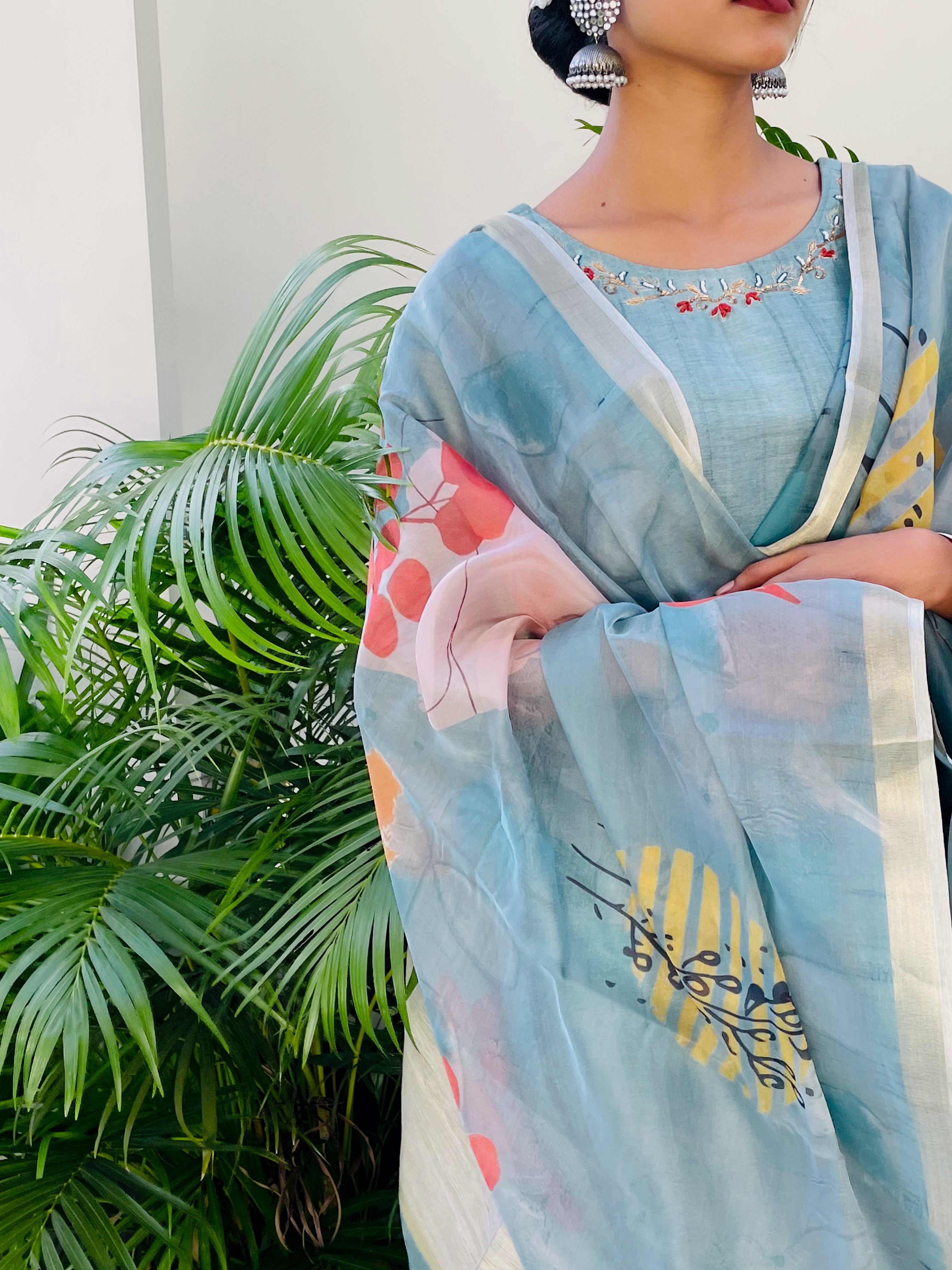 Sparkling Blue Cotton Silk Ready to Wear Silk Kurti Set Geetha Creation