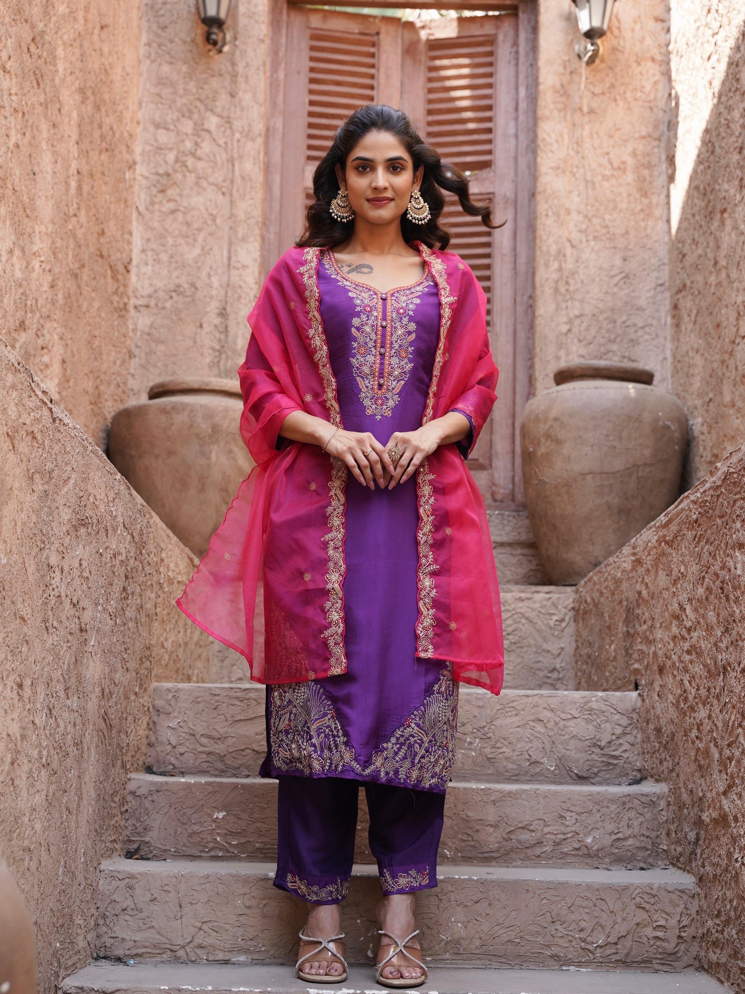 Vibrant Violet with Rani Ready to Wear Silk Kurti Set Geetha Creation
