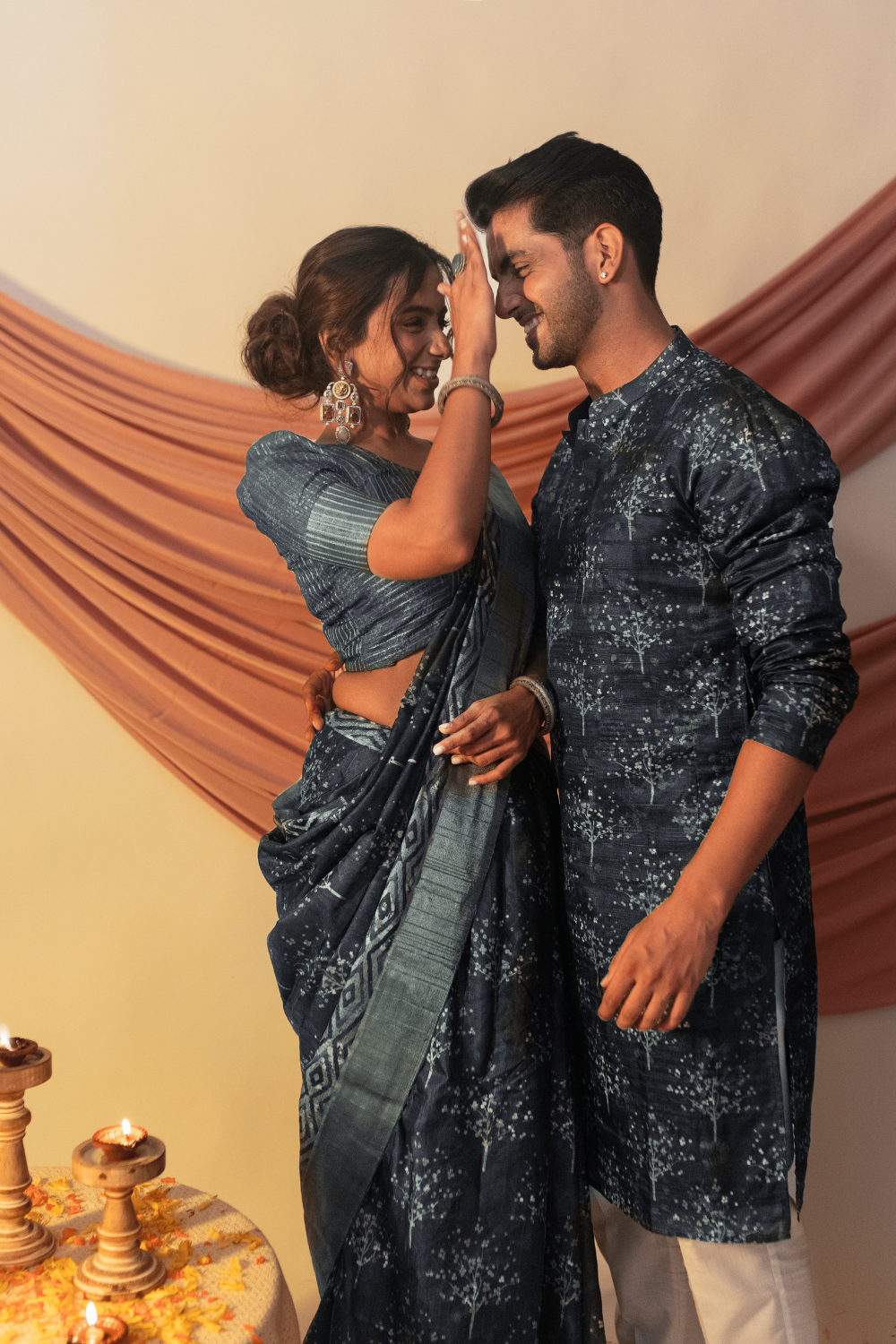 Metallic Blue Floral Bliss Tussar Couple Outfits Geetha Creation