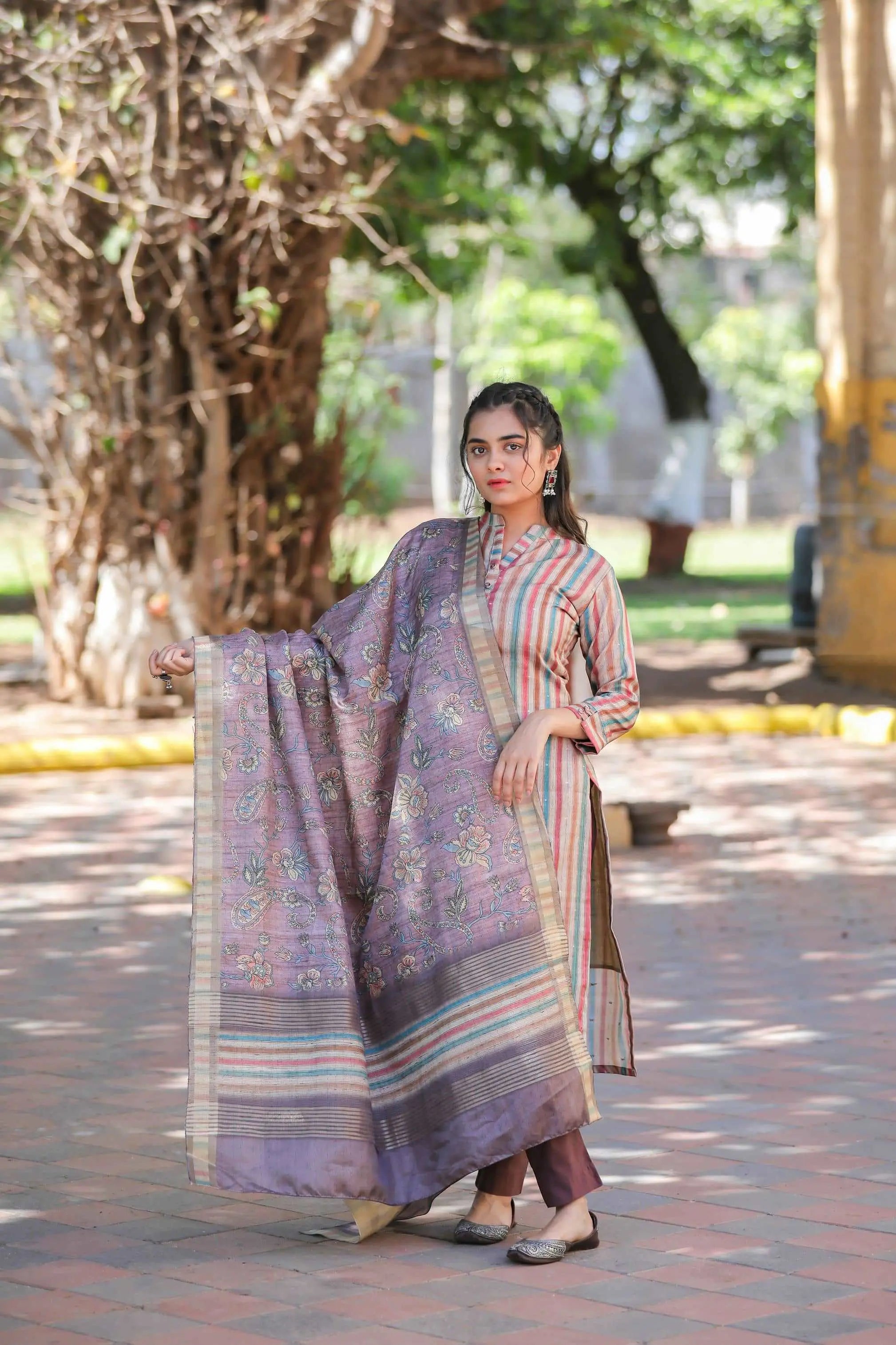 Dusty Purple and Multihued Striped Semi Tussar Two Piece Suit Set Geetha Creation