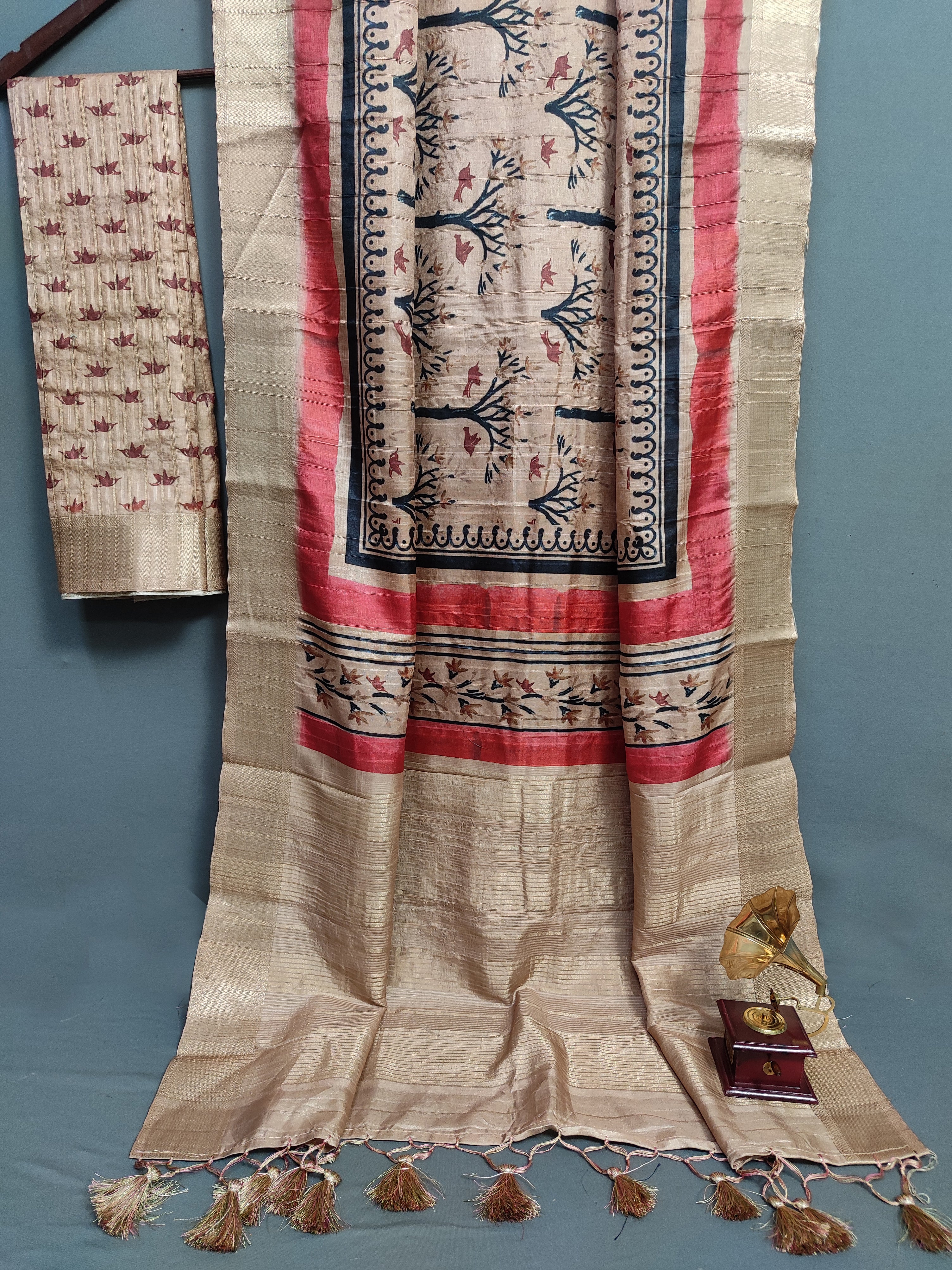 Scarlet Silhouette Handloom Jacquard Border Tussar Saree JQ2 Geetha Creation