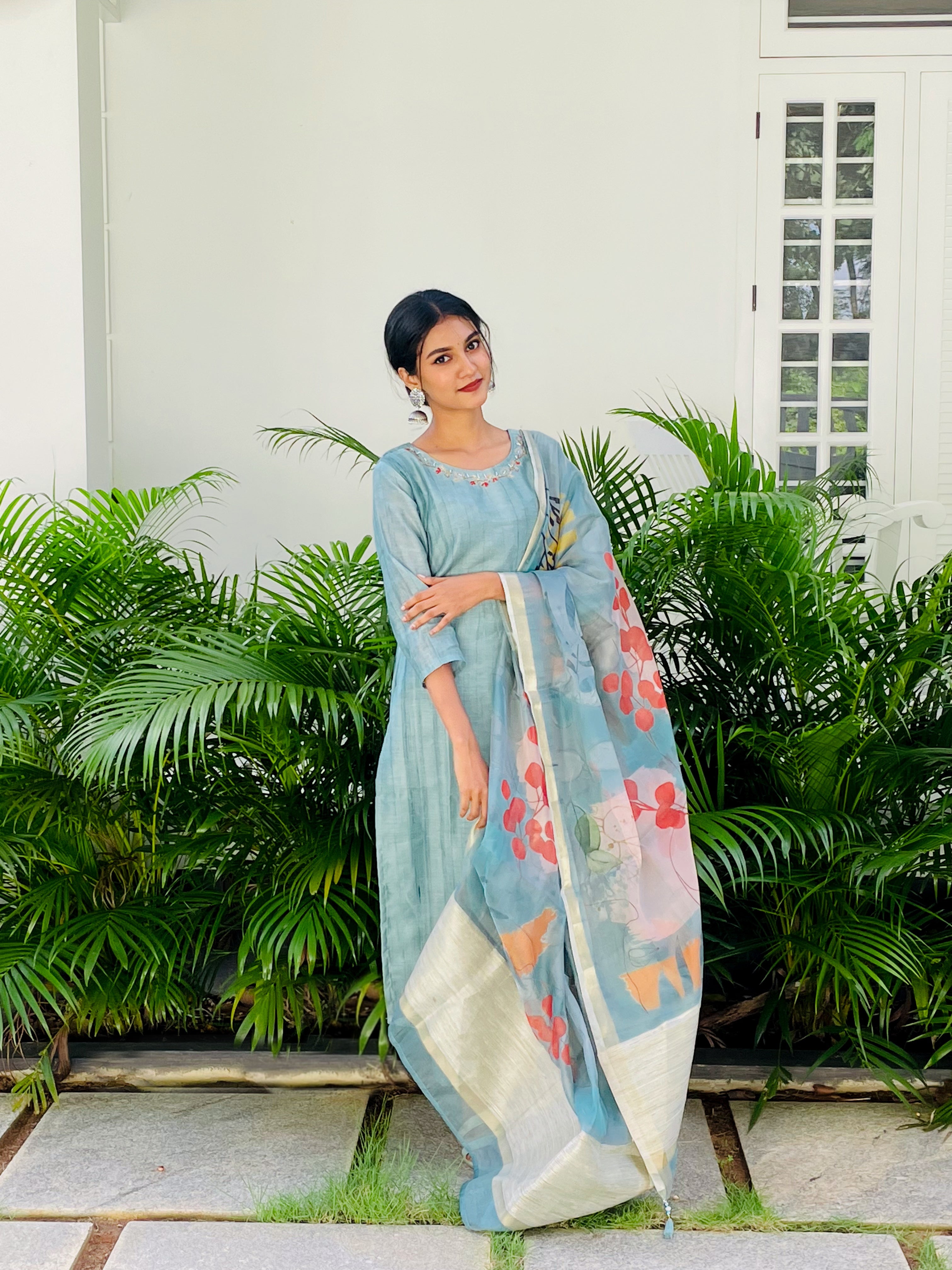 Sparkling Blue Cotton Silk Ready to Wear Silk Kurti Set Geetha Creation