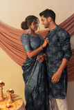 Metallic Blue Floral Bliss Tussar Couple Outfits Geetha Creation