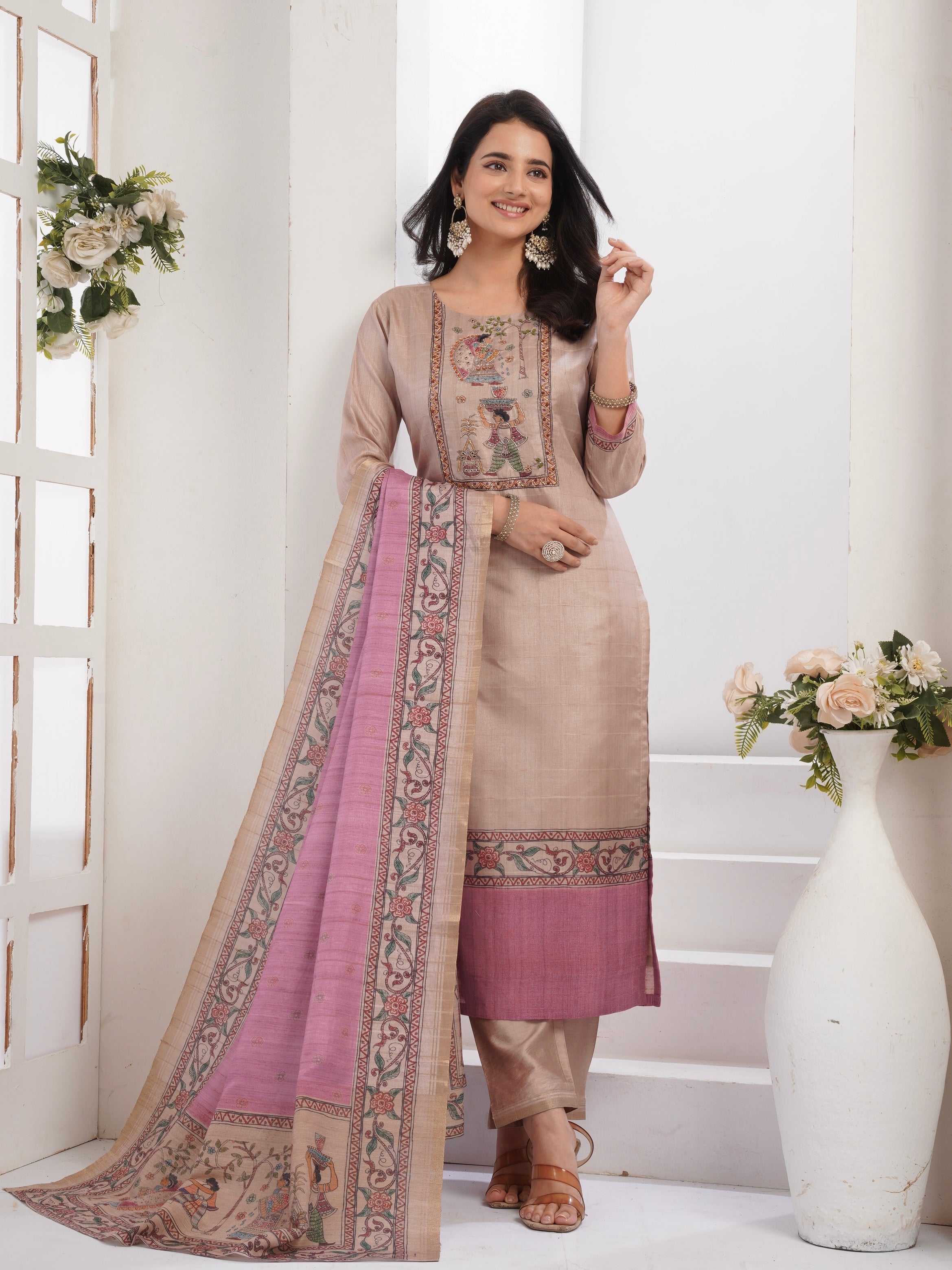 Pink Madhubani in Chiku Ready To Wear Silk kurta Set Geetha Creation
