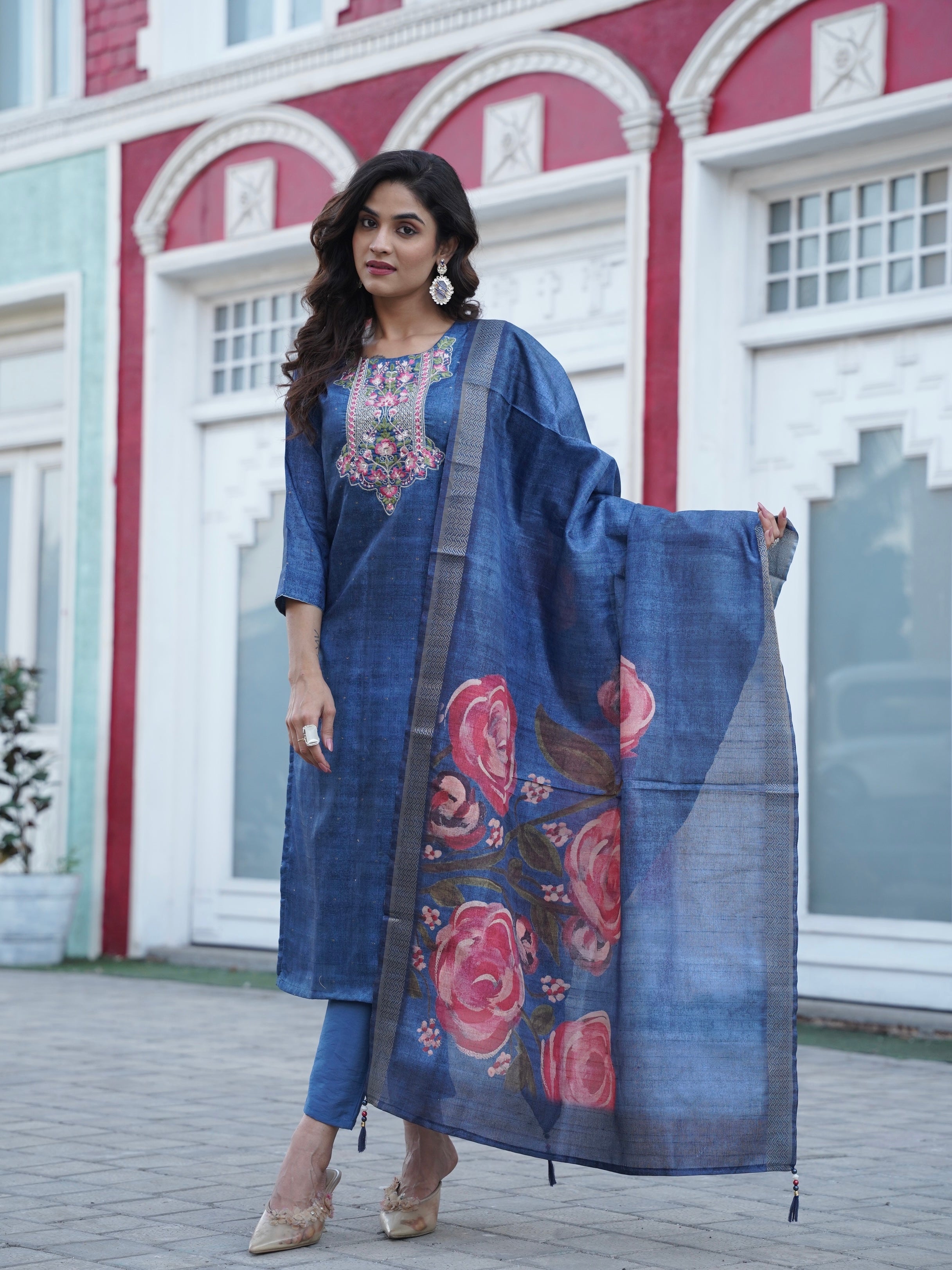 Rich Blue Premium Ethnic Ready To Wear Kurti Set Geetha Creation