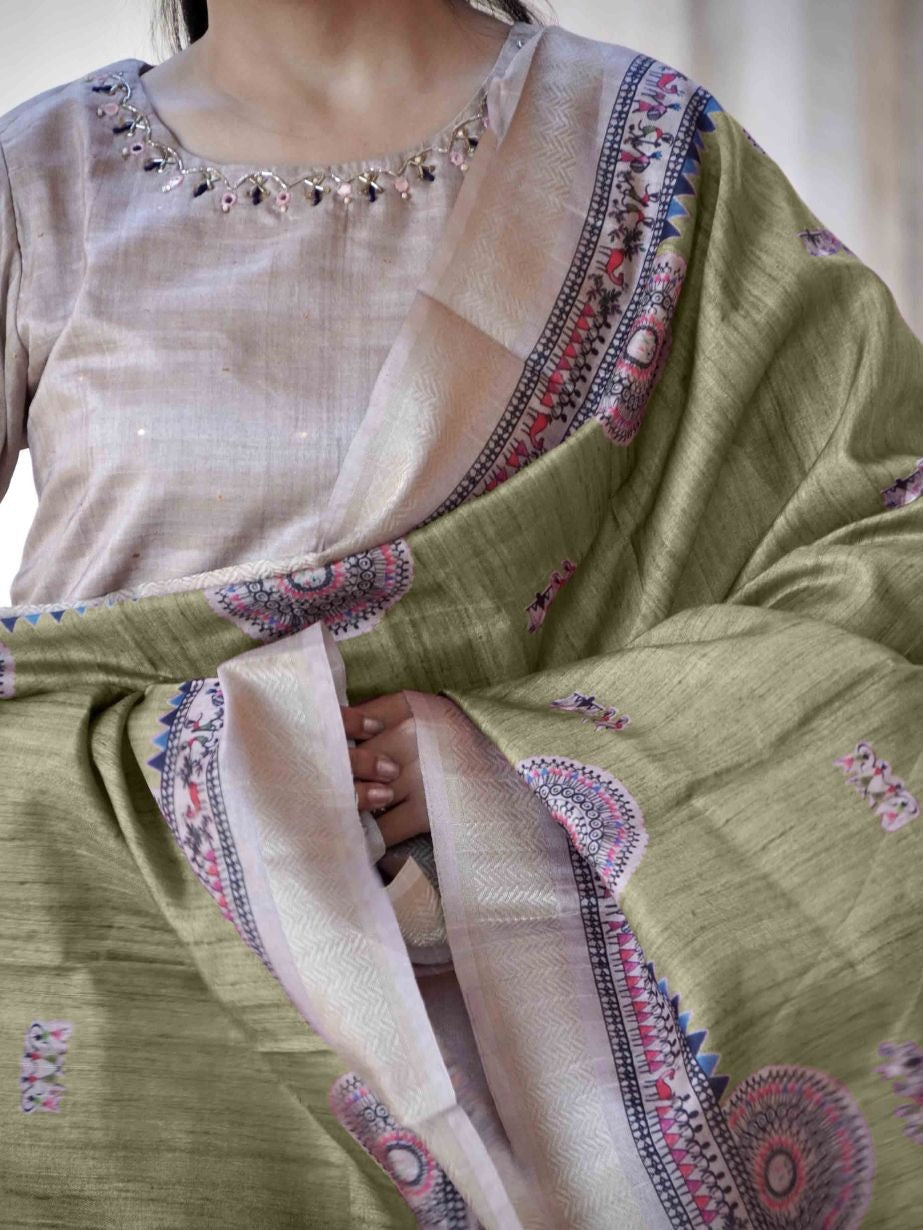 Pink with Chikoo Madhubani Ready to Wear Silk Kurti Set Geetha Creation