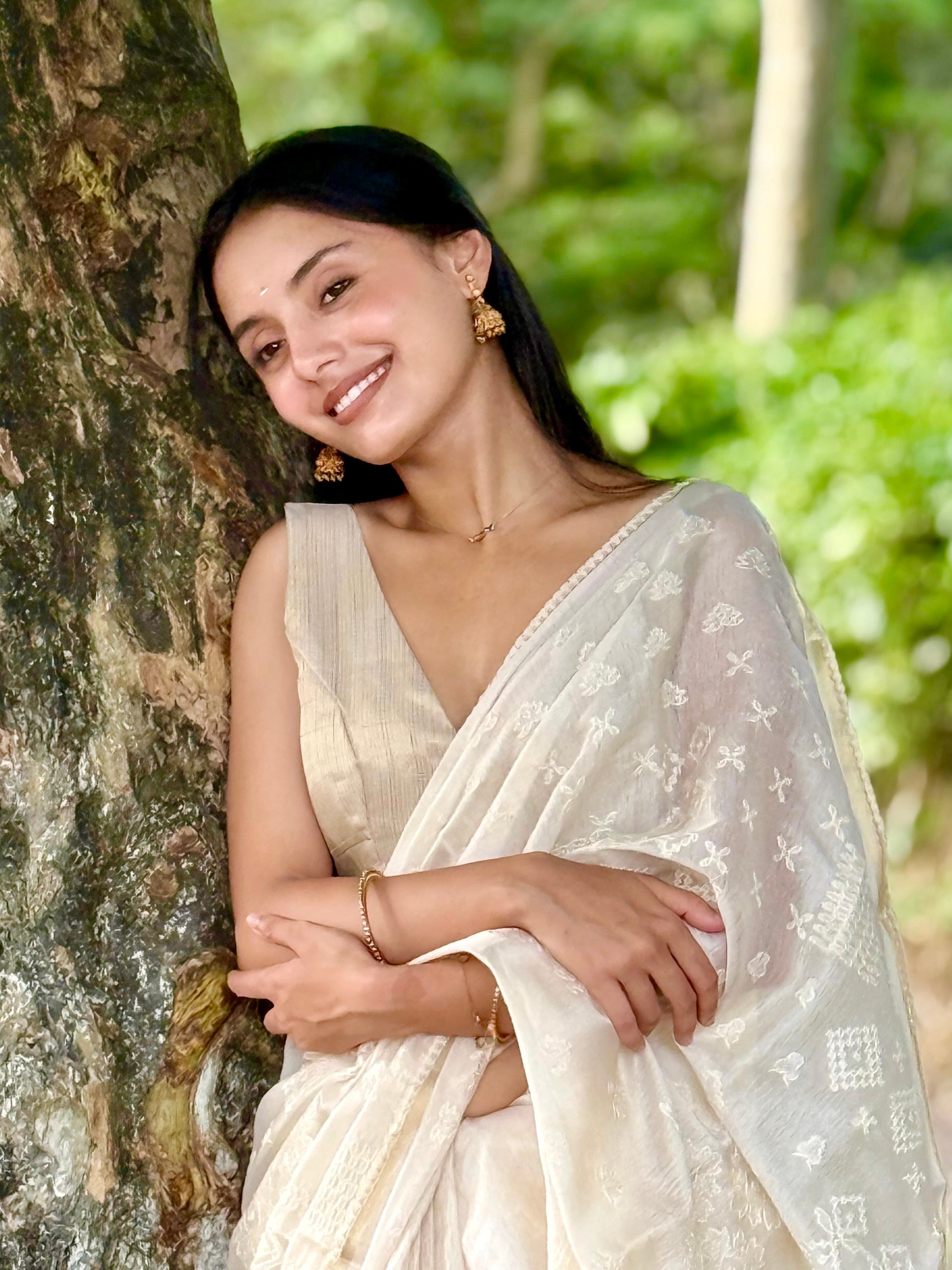 Vanilla Soft Satin Saree with Fusion Embroidery CSE Geetha Creation