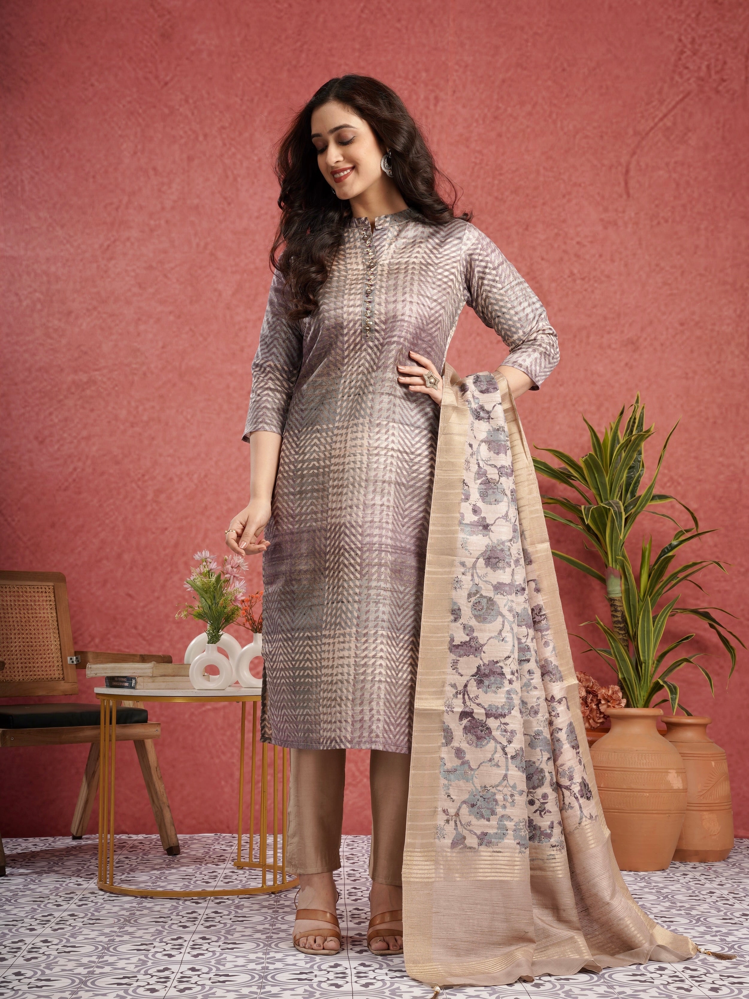 Purple with Chikoo Ready to Wear Silk Kurti Set Geetha Creation