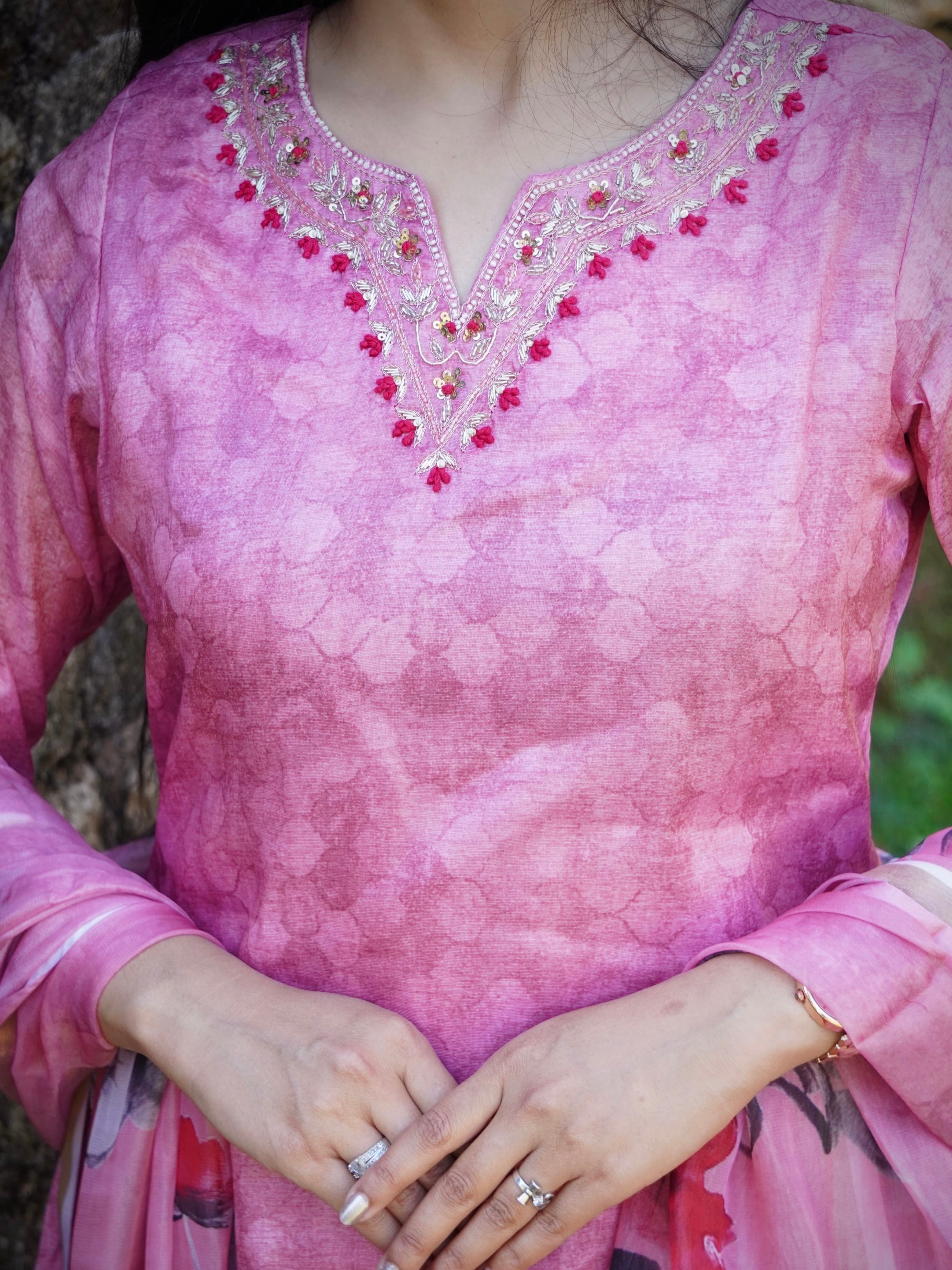 Sunset Pink A-Line Ready to Wear Satin Silk Kurti Set