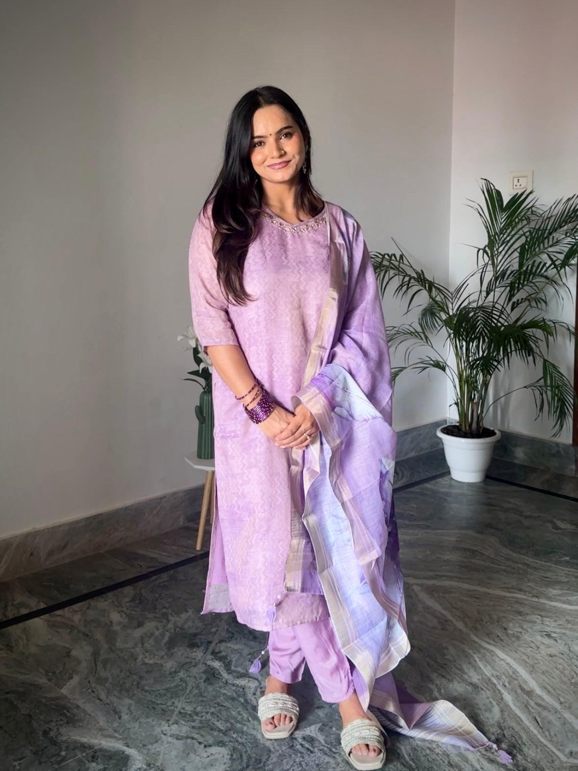 Violaceous Sparkle Linen Ready To Wear Kurti Set Geetha Creation