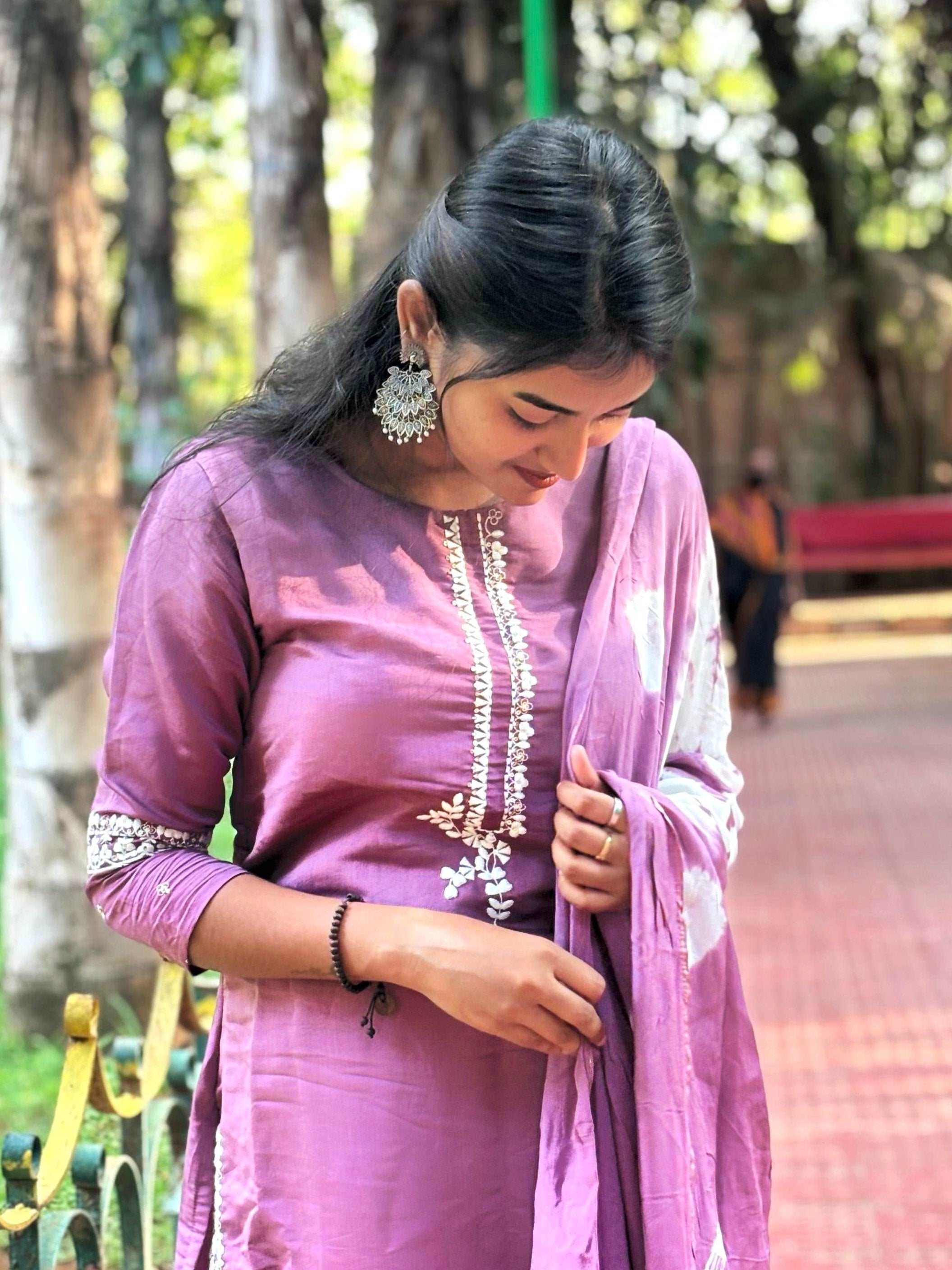 Mauve with White Threadwork Ready to Wear Short Kurti palazzo set