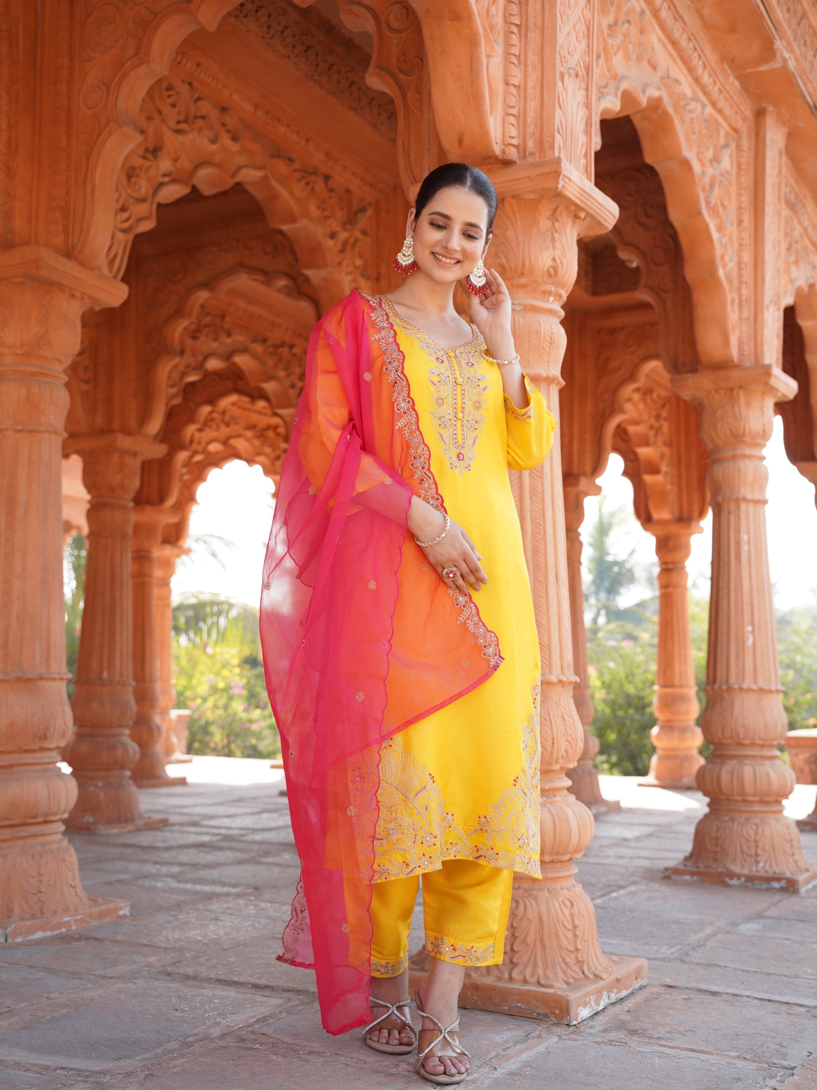 Vibrant Yellow with Red Ready to Wear Silk Kurti Set Geetha Creation