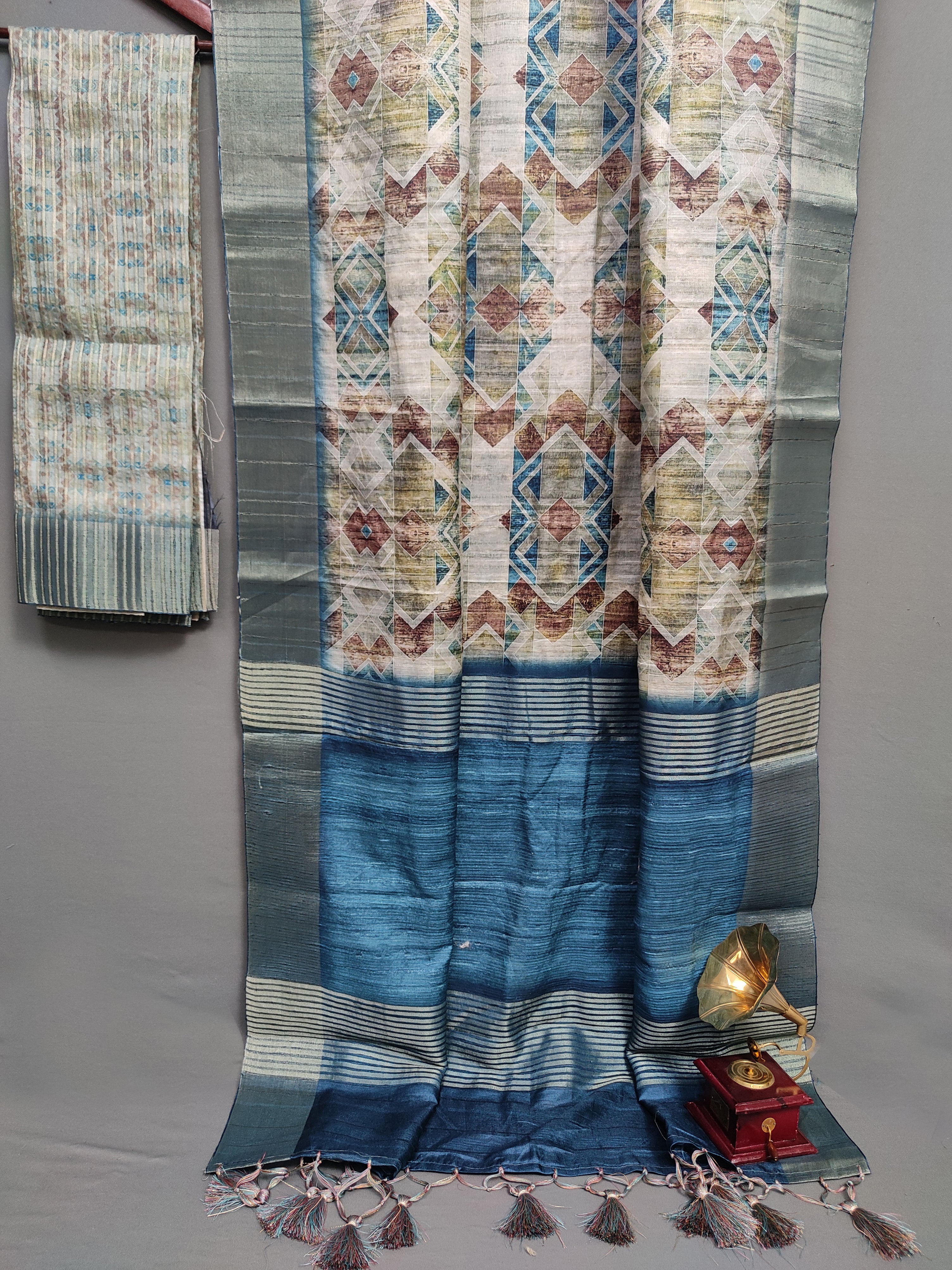 Indigo Intersection Imprint Handloom Tussar Saree C4 Geetha Creation