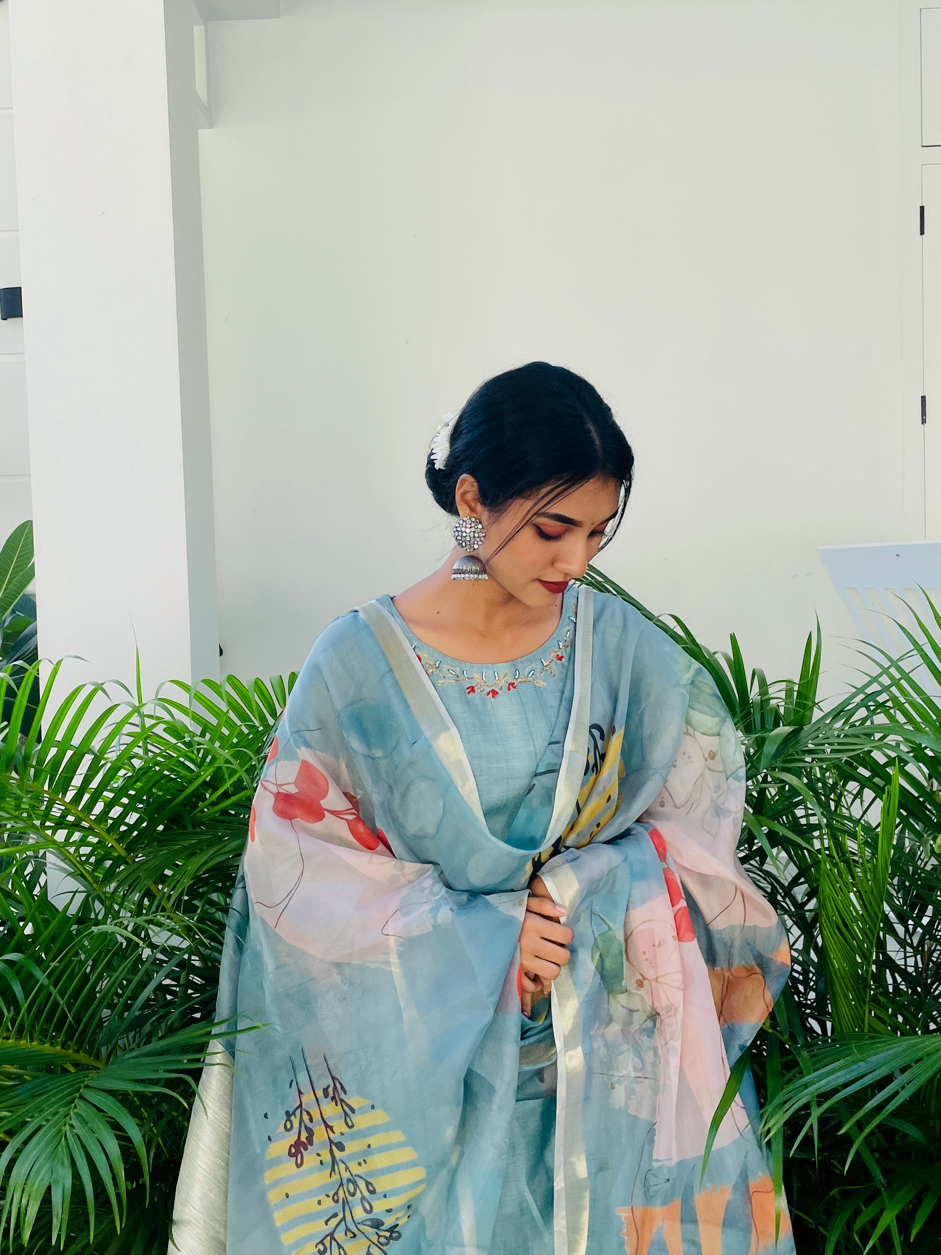 Sparkling Blue Cotton Silk Ready to Wear Silk Kurti Set Geetha Creation