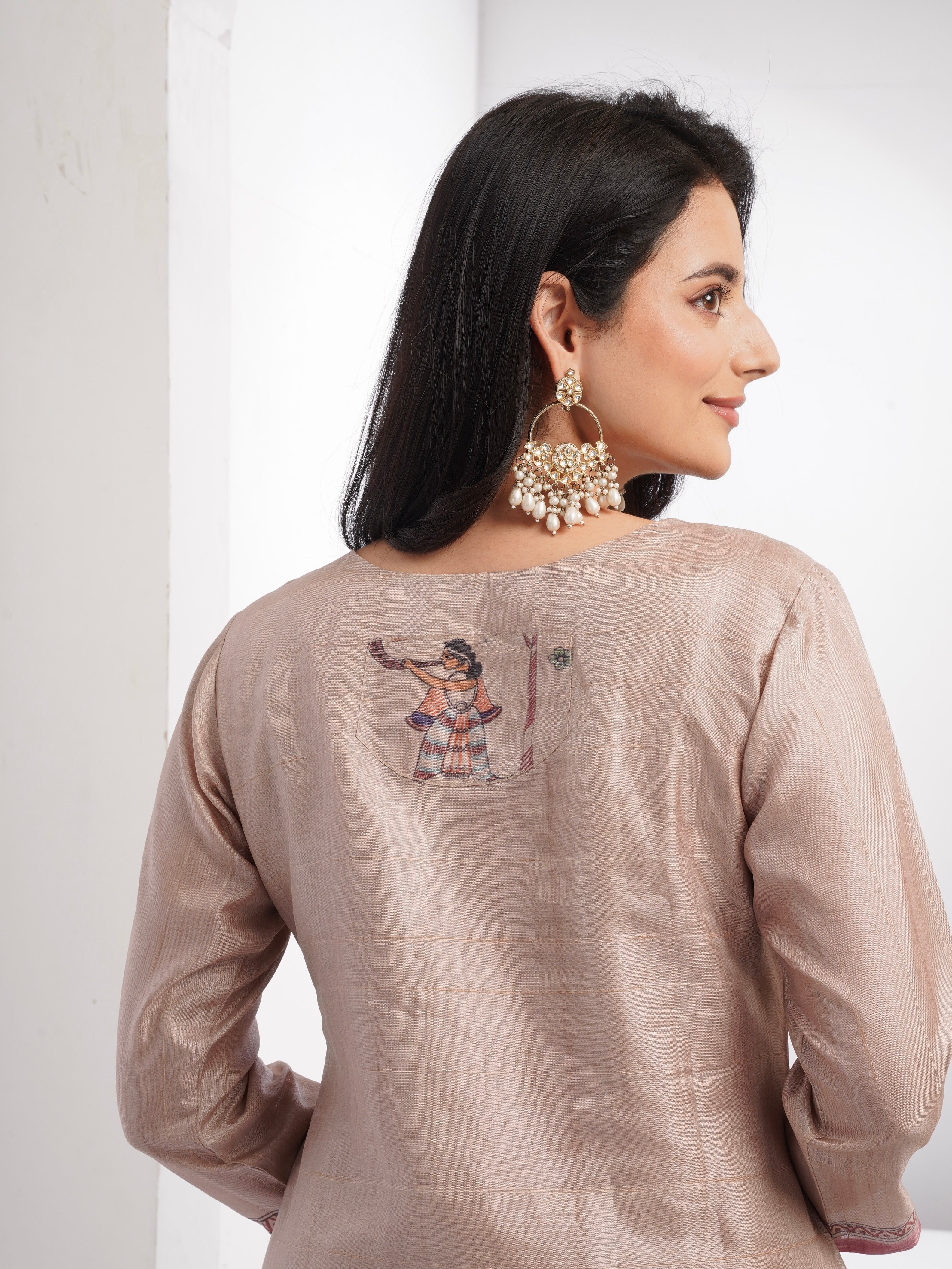 Pink Madhubani in Chiku Ready To Wear Silk kurta Set Geetha Creation