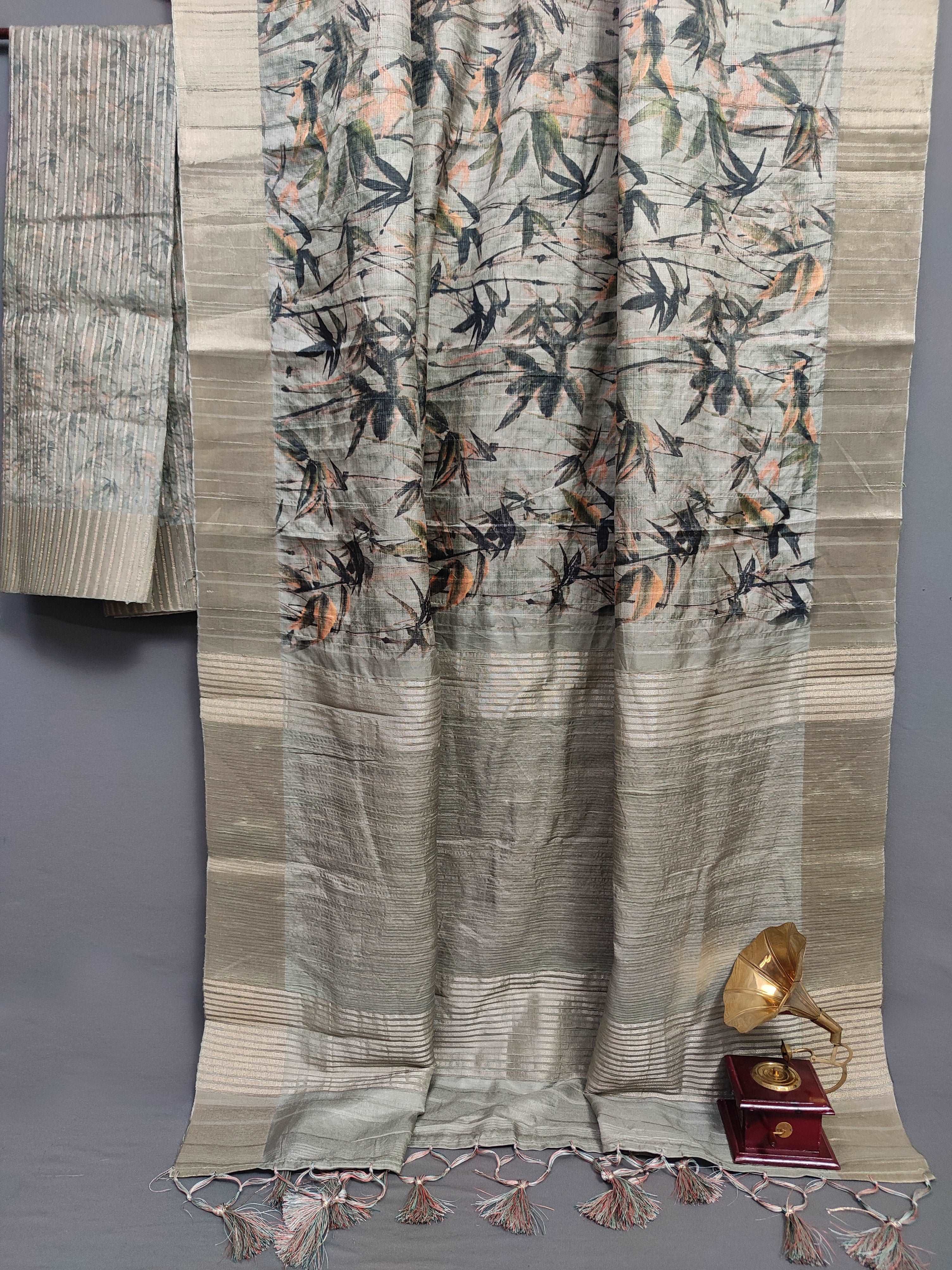 Charcoal Leafy Hues Handloom Tussar Saree C4