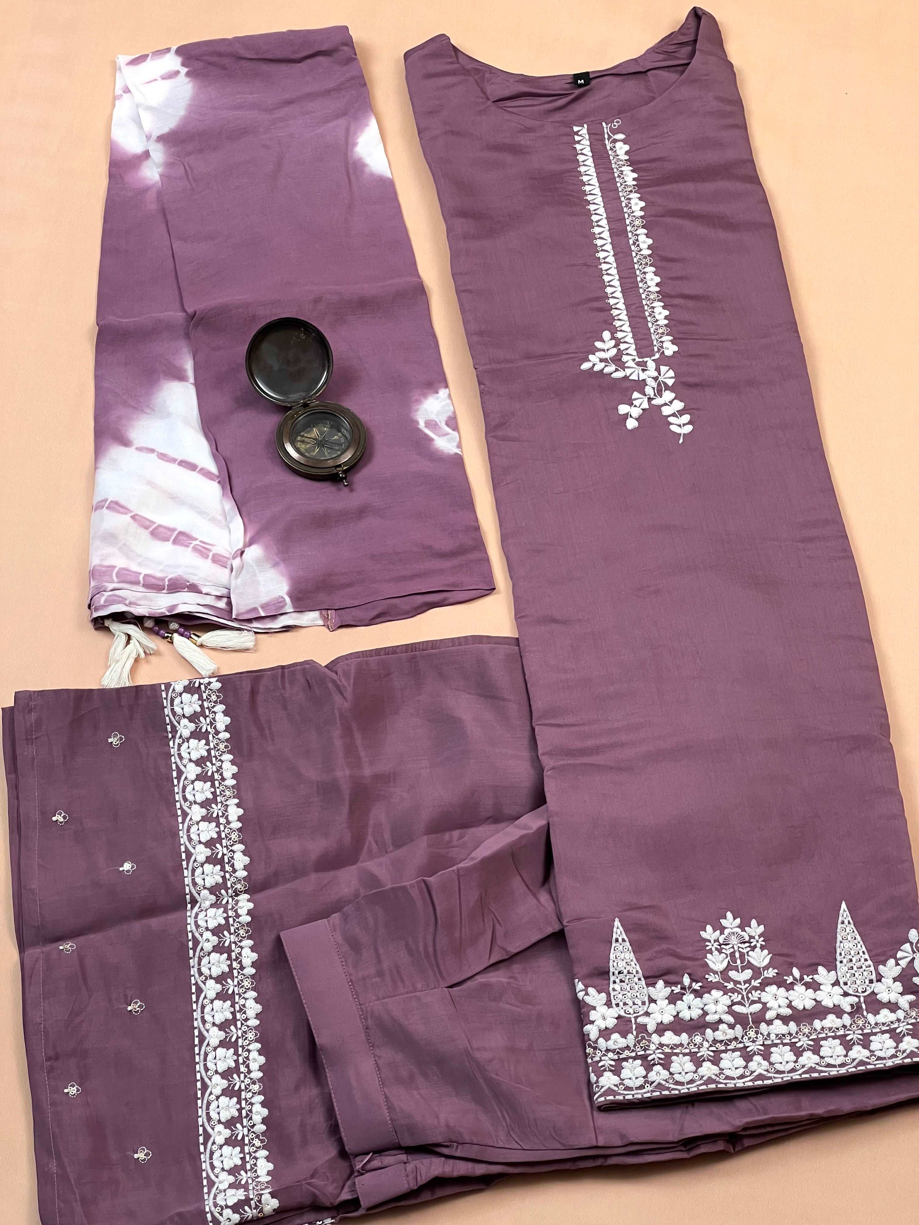 Mauve with White Threadwork Ready to Wear Short Kurti palazzo set