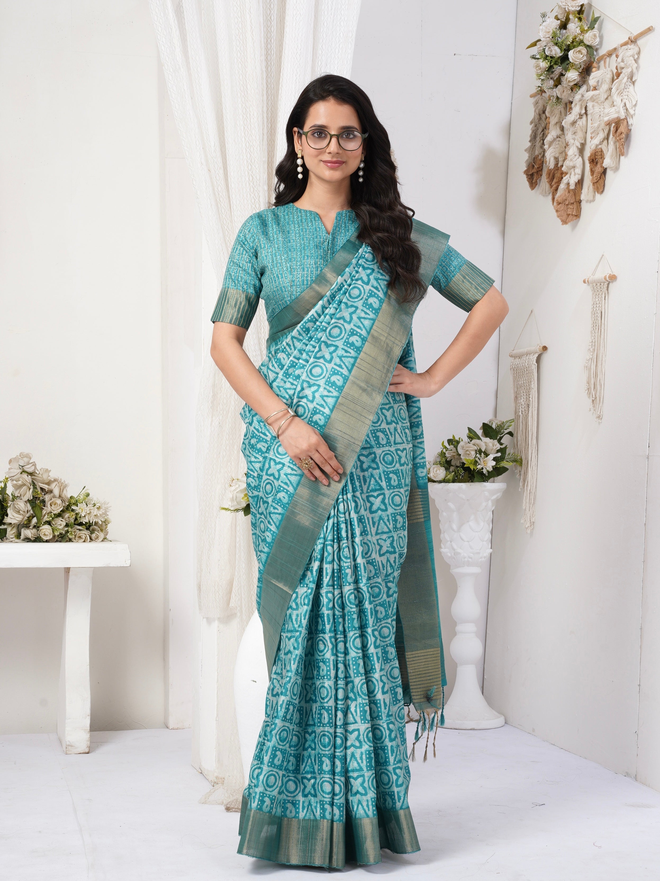 Caribbean Geometric Chapa Handloom Tussar Saree C2 Geetha Creation