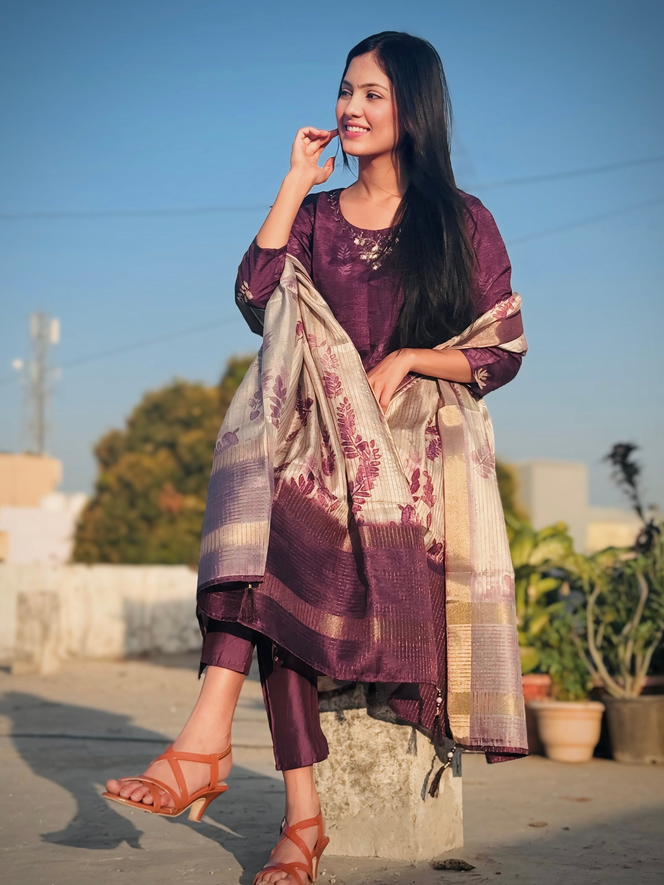 Luxurious Wine Floral Ready to Wear Silk Kurti Set Geetha Creation