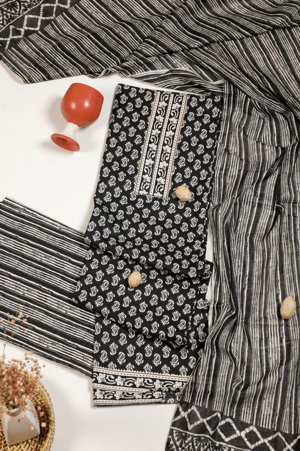 Pure Smoky Black Soft Cotton Unstitched Suit Set Geetha Creation