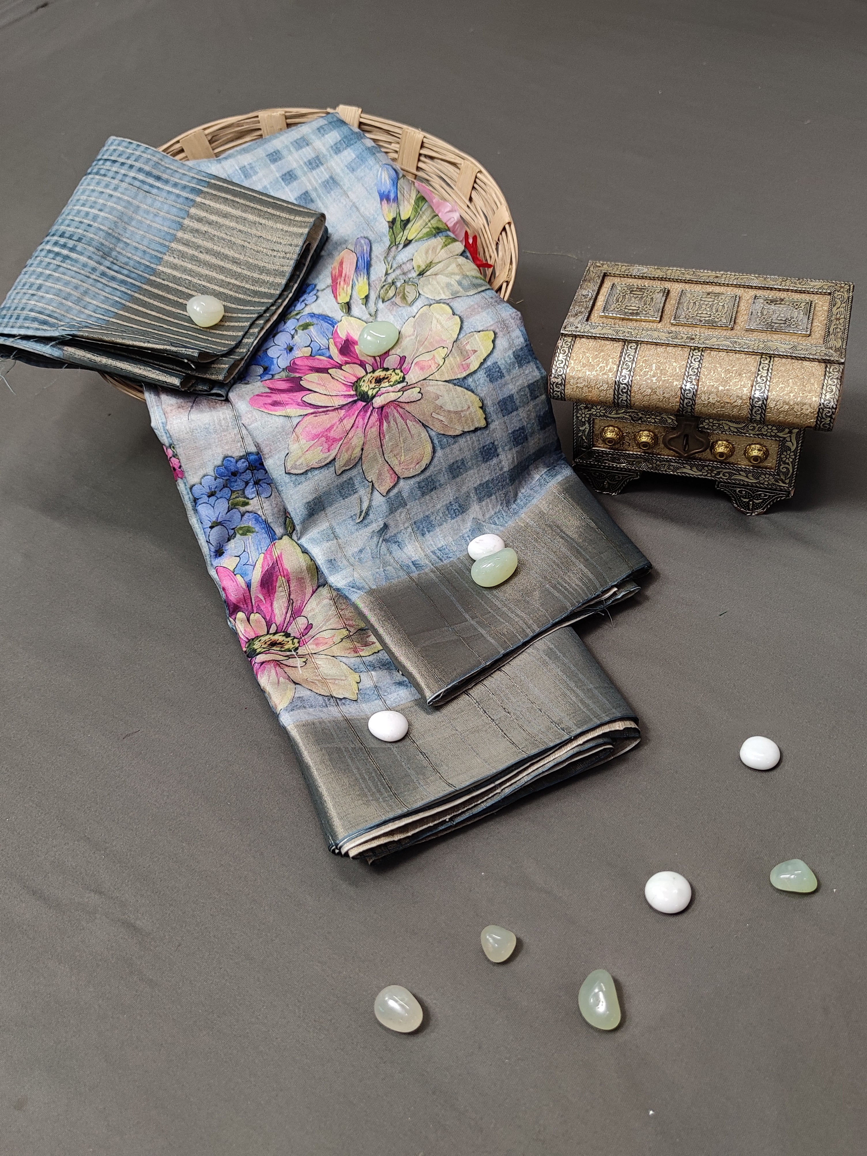 Floral Lattice Bluescape Handloom Tussar Saree C4 Geetha Creation