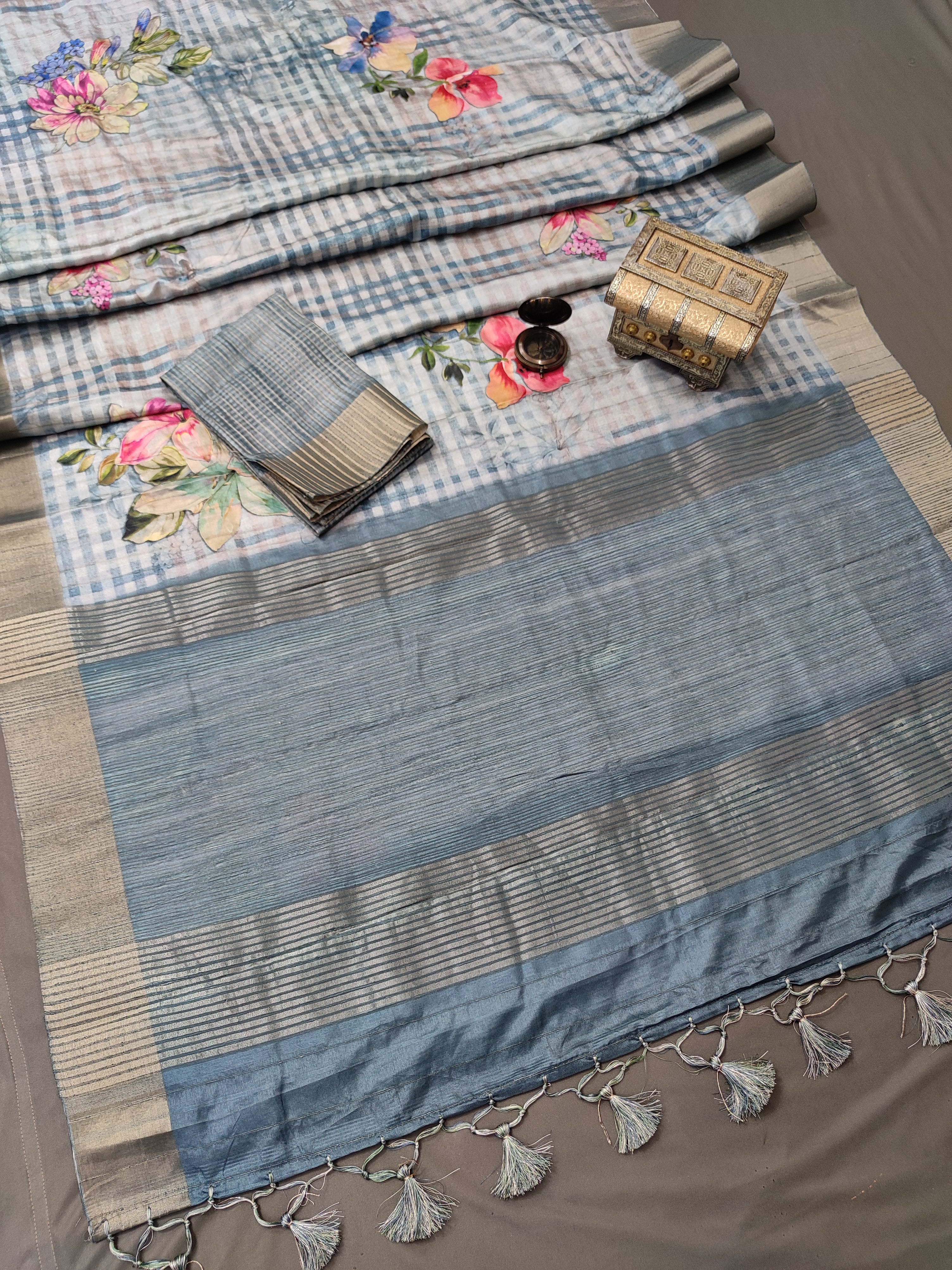 Floral Lattice Bluescape Handloom Tussar Saree C4 Geetha Creation