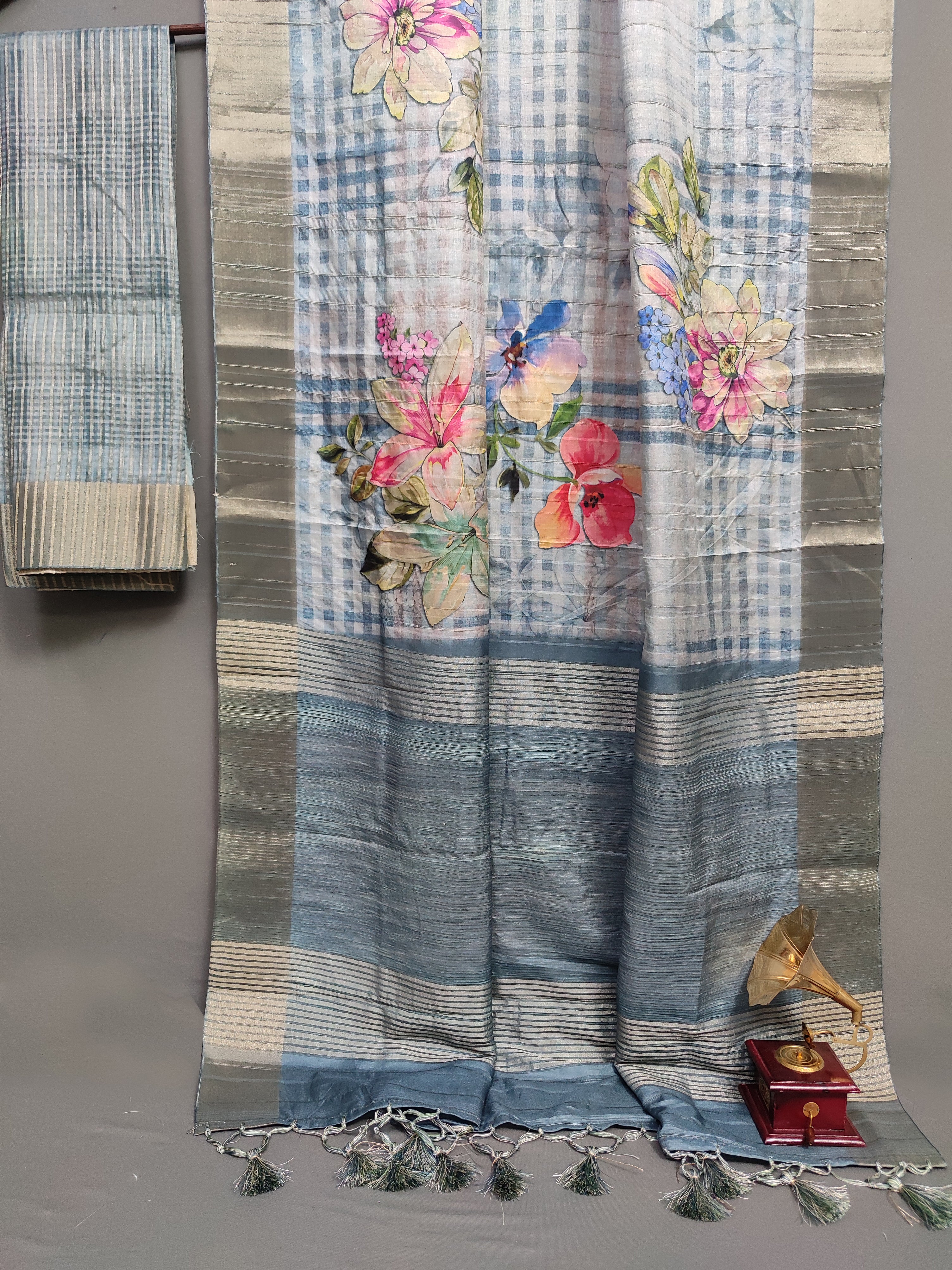 Floral Lattice Bluescape Handloom Tussar Saree C4 Geetha Creation