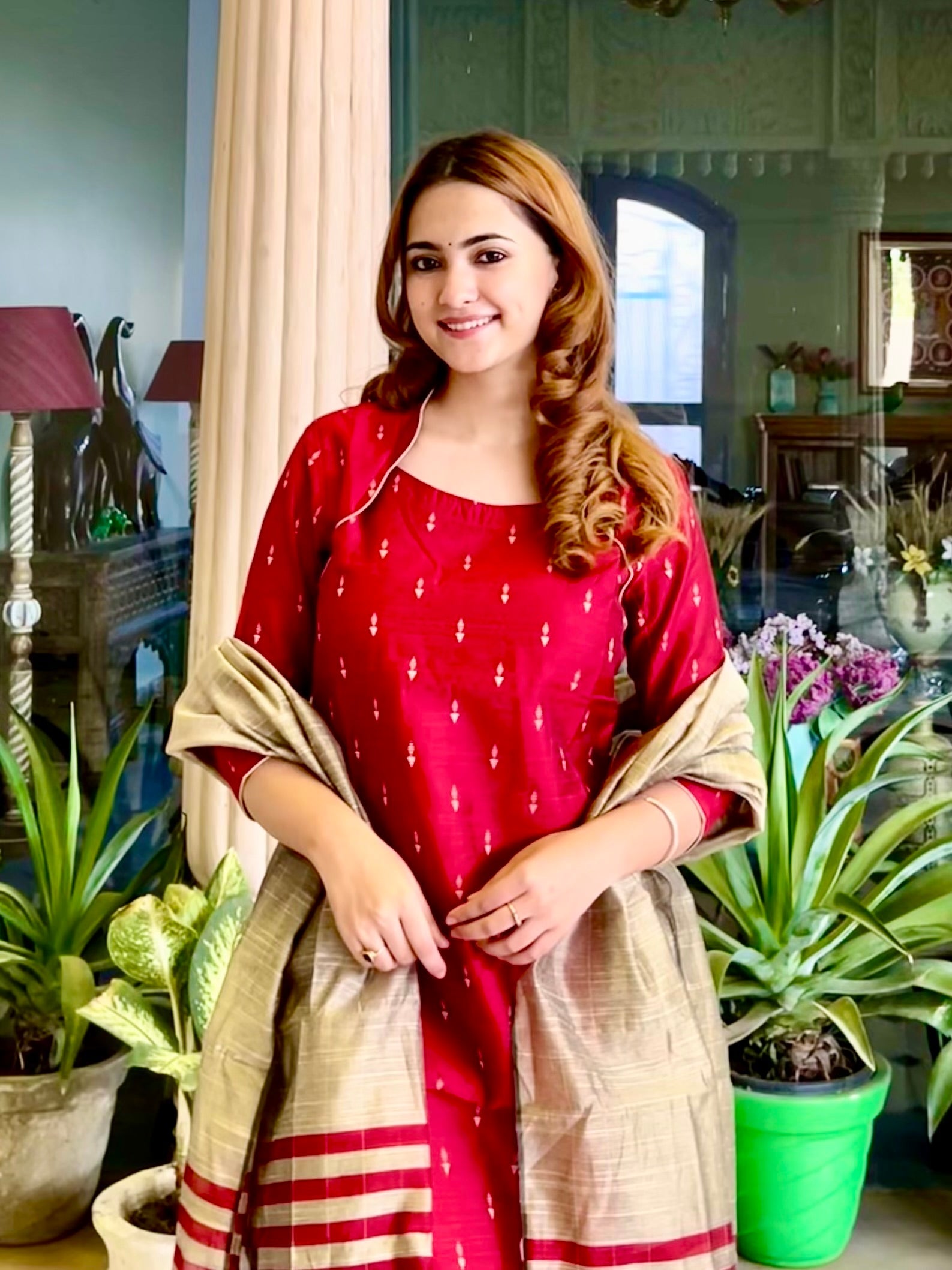 Elegant Red with Chikoo Ready to Wear Cotton Silk Kurta Set