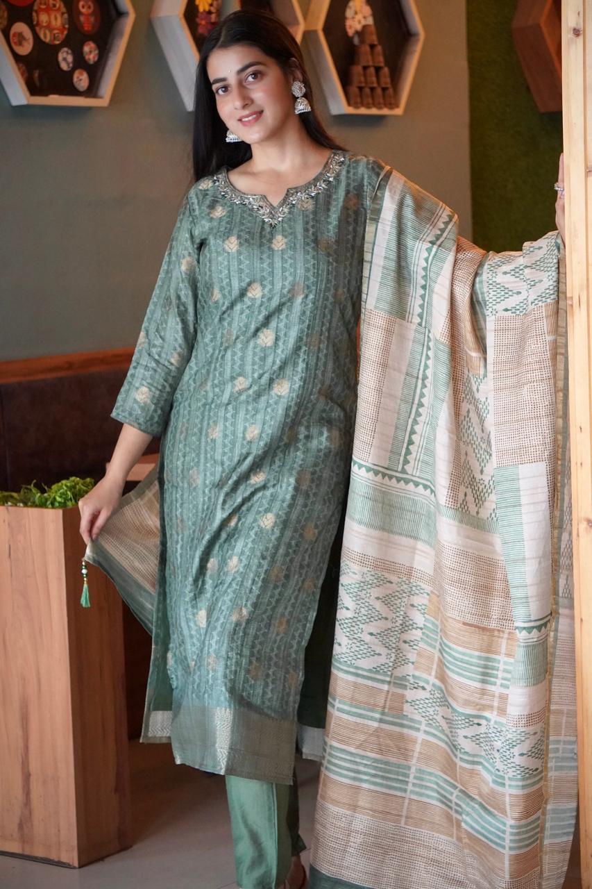 Forest Green Floral Premium Ethnic Ready To Wear Kurti Set Geetha Creation