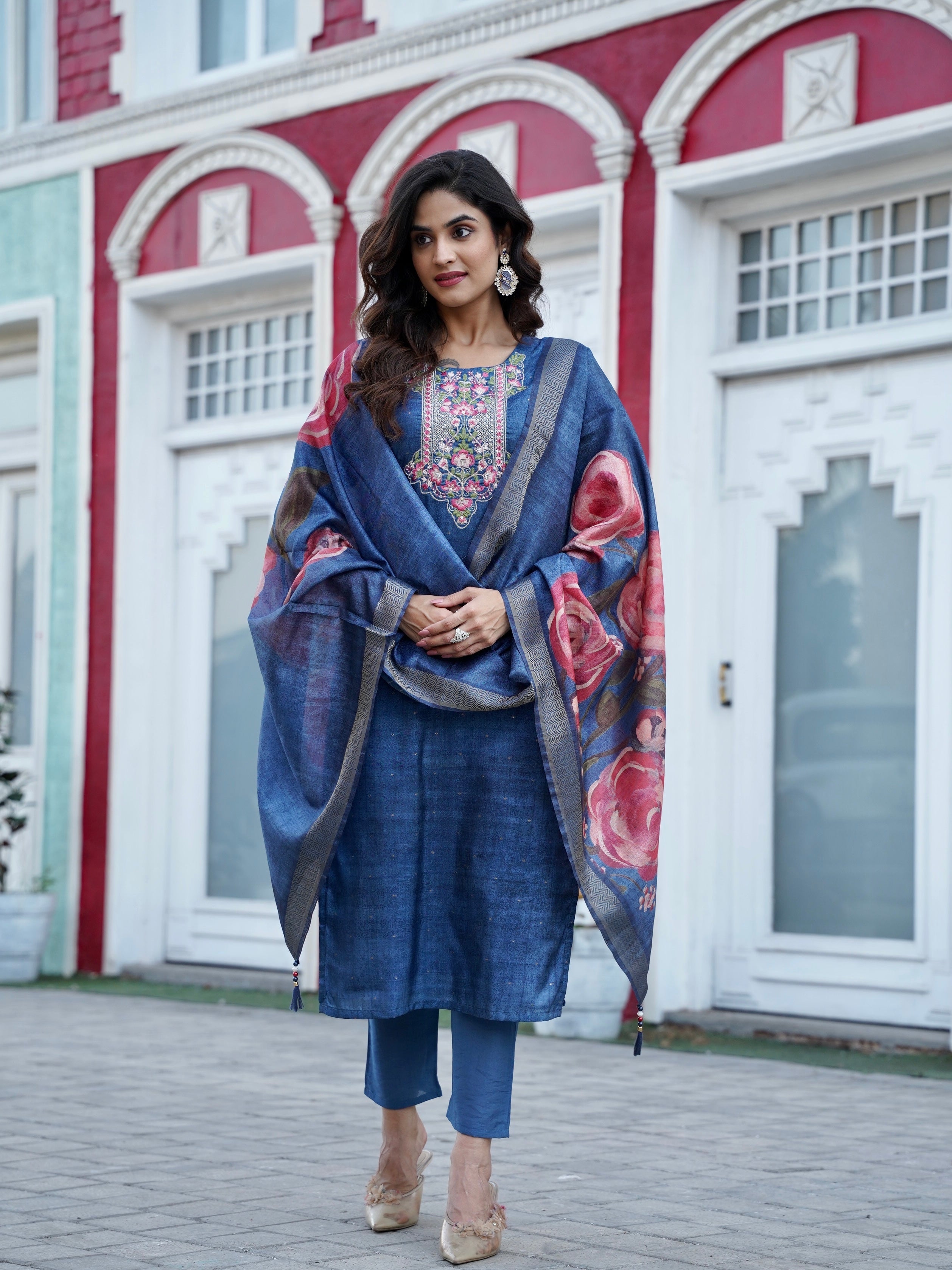 Rich Blue Premium Ethnic Ready To Wear Kurti Set Geetha Creation