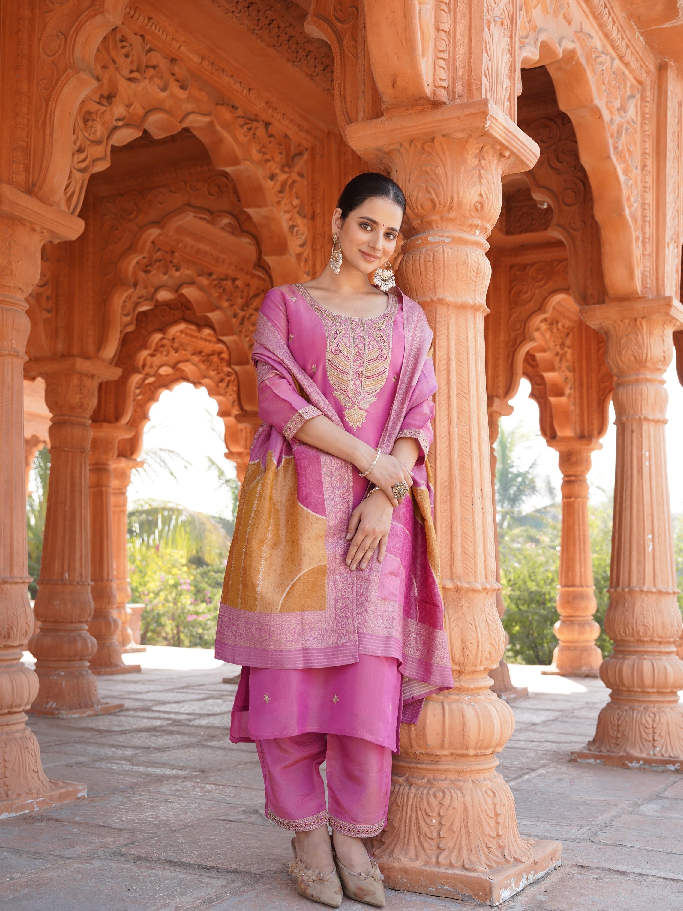 Glittering Rose Soft Tissue Ready to Wear Silk Kurti Set Geetha Creation