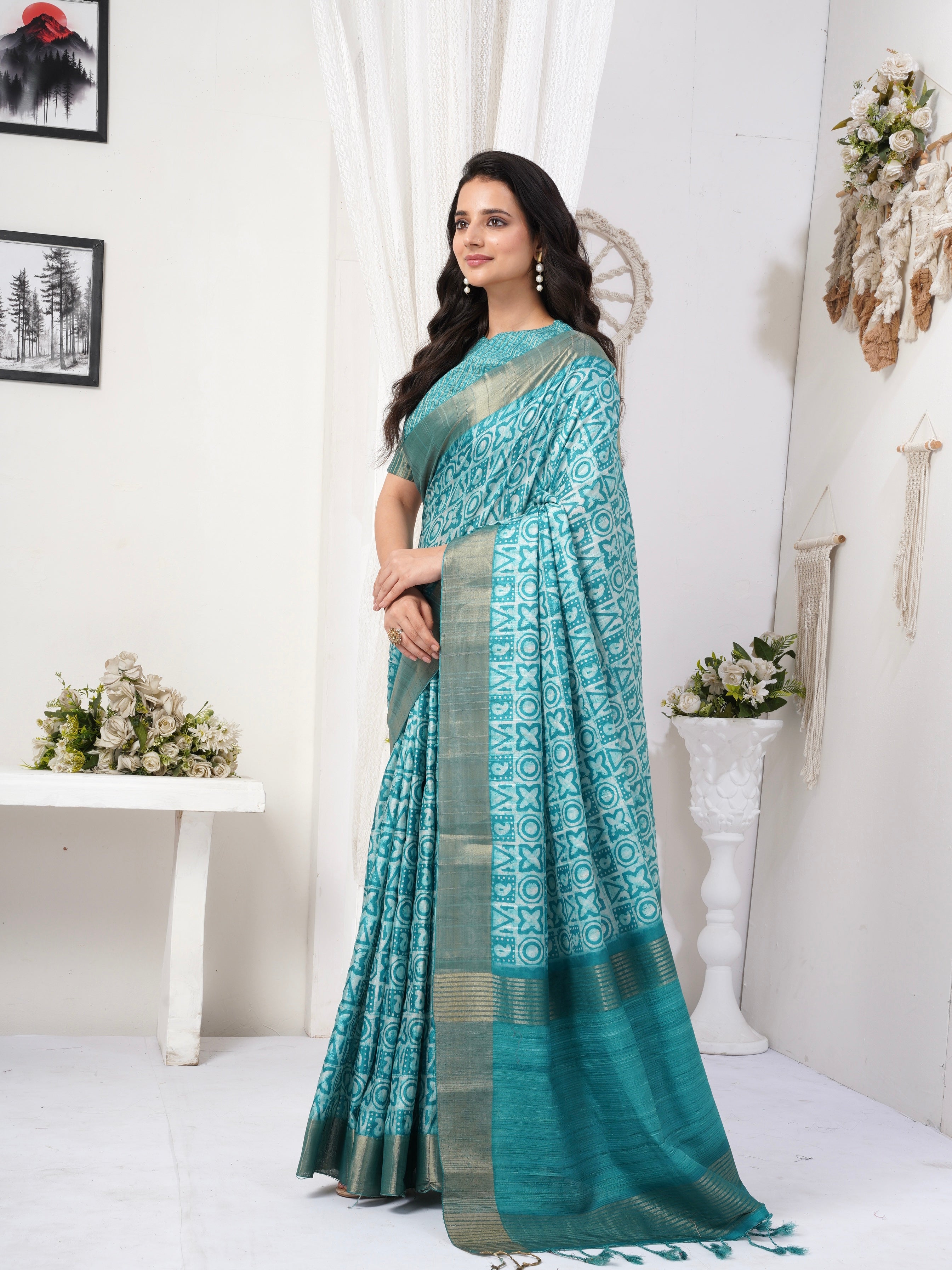 Caribbean Geometric Chapa Handloom Tussar Saree C2 Geetha Creation