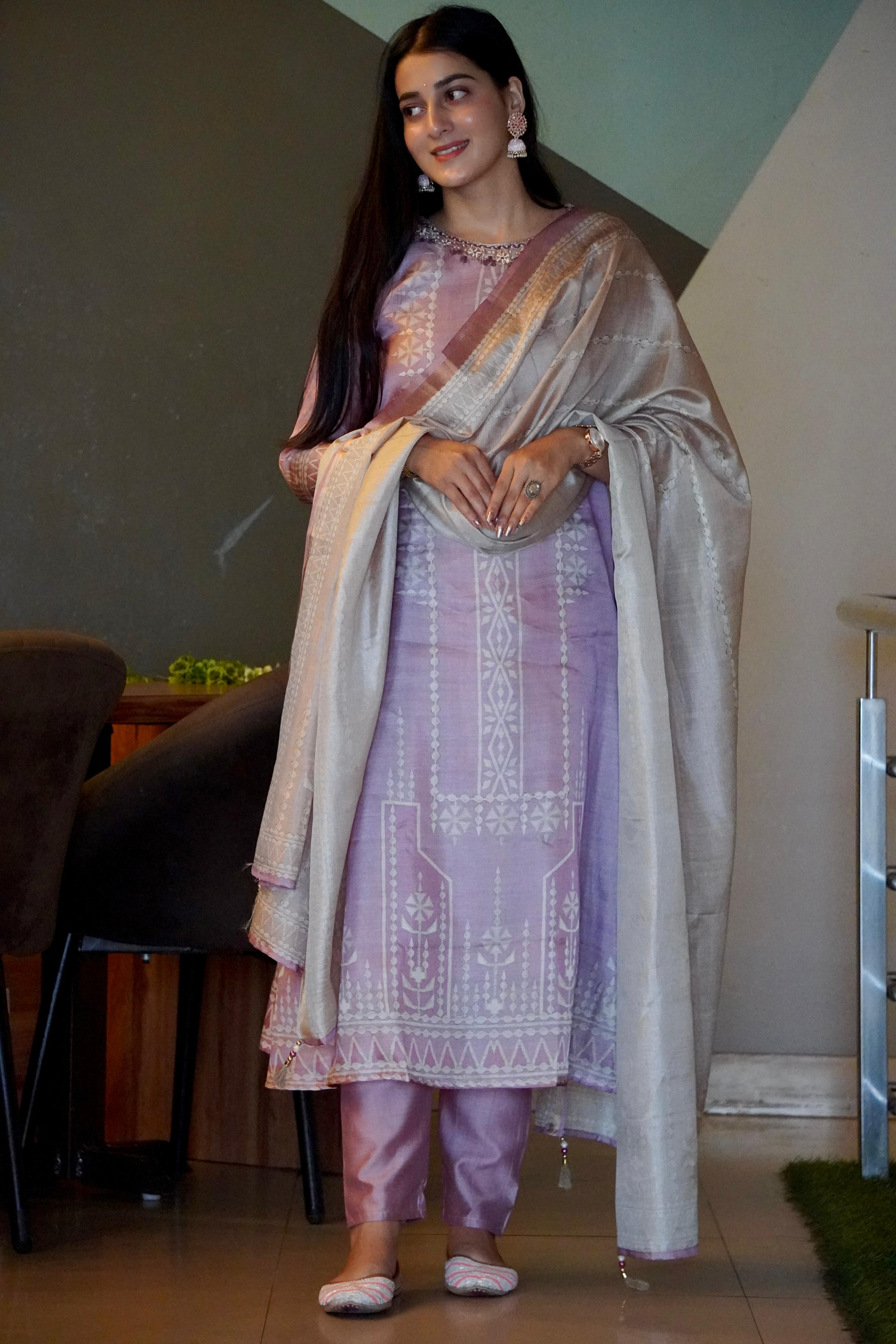 Pretty Pink Soft Tussar A-Line Ready to Wear Kurti Set Geetha Creation