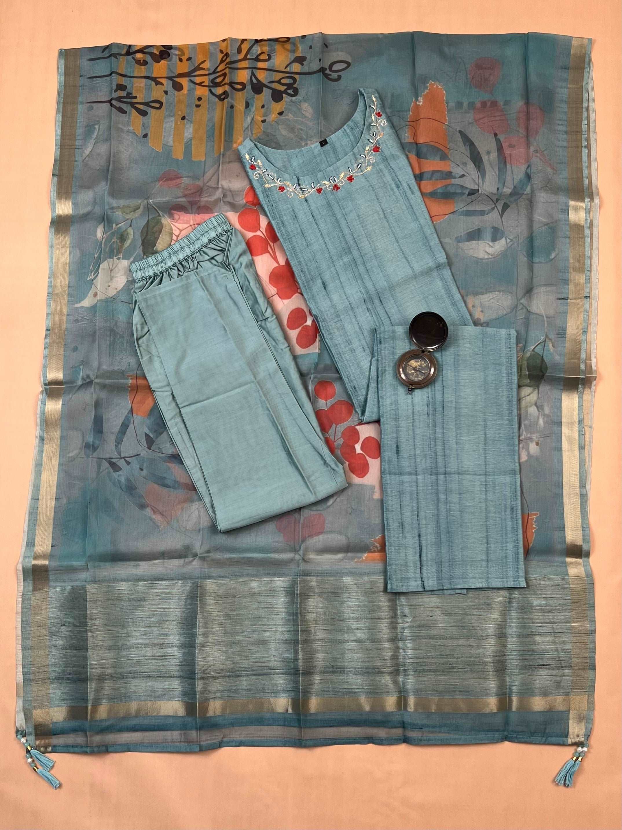 Sparkling Blue Cotton Silk Ready to Wear Silk Kurti Set