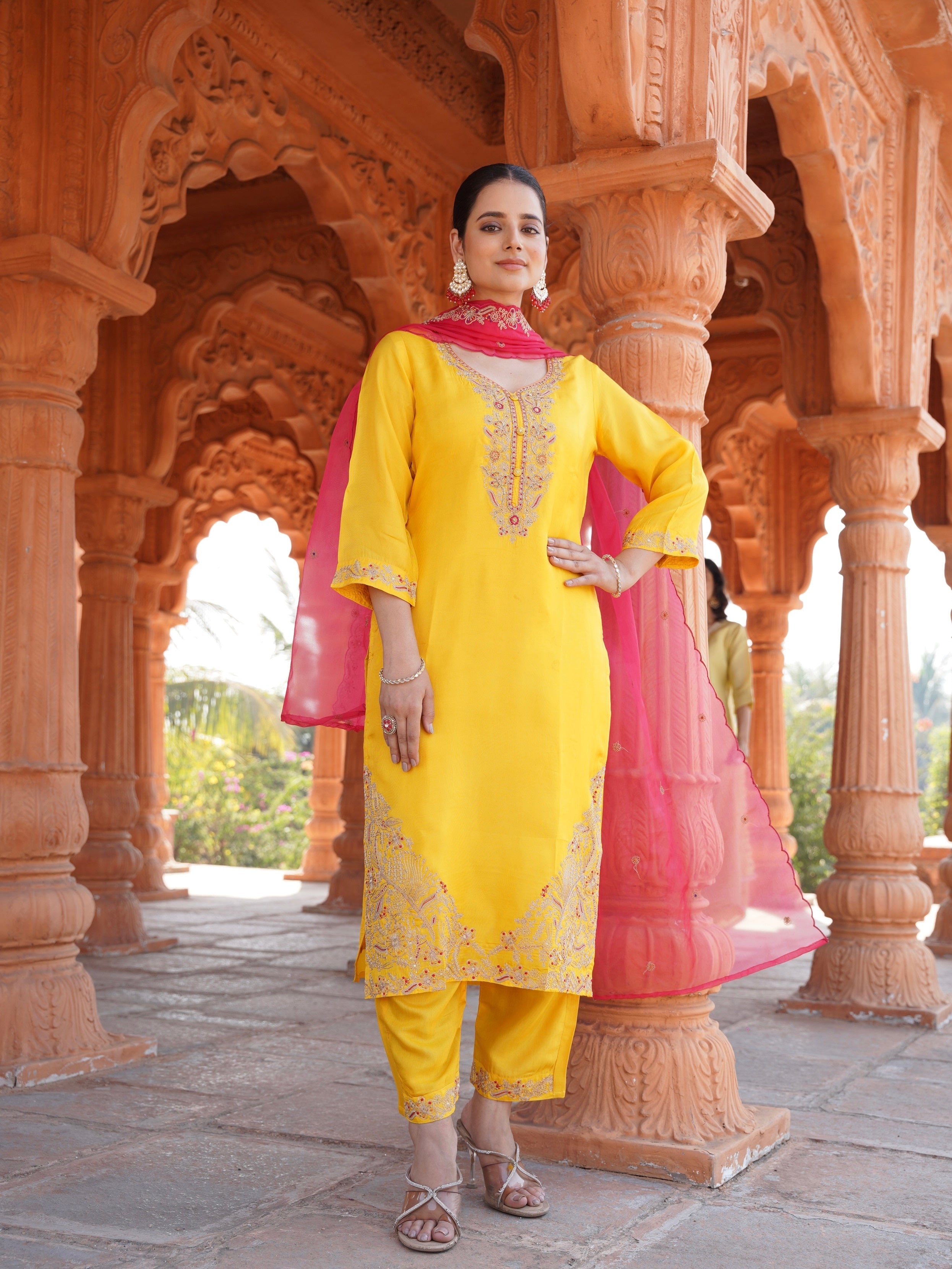 Vibrant Yellow with Red Ready to Wear Silk Kurti Set Geetha Creation