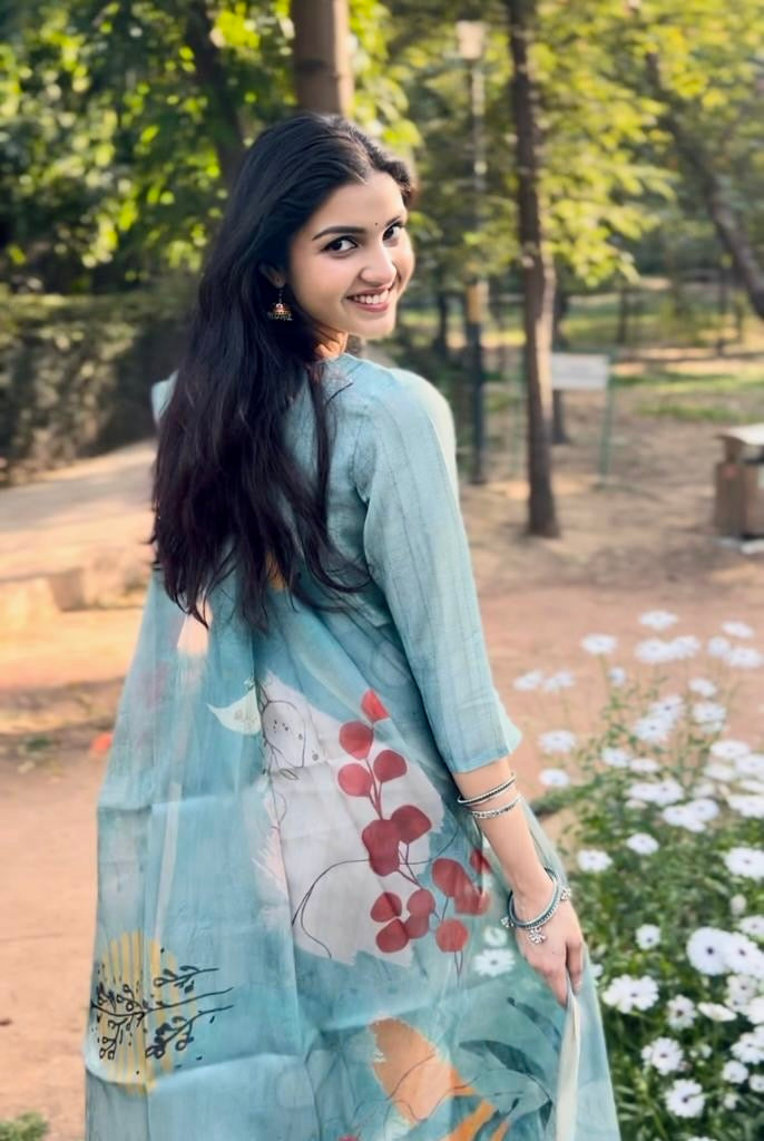 Sparkling Blue Cotton Silk Ready to Wear Silk Kurti Set Geetha Creation