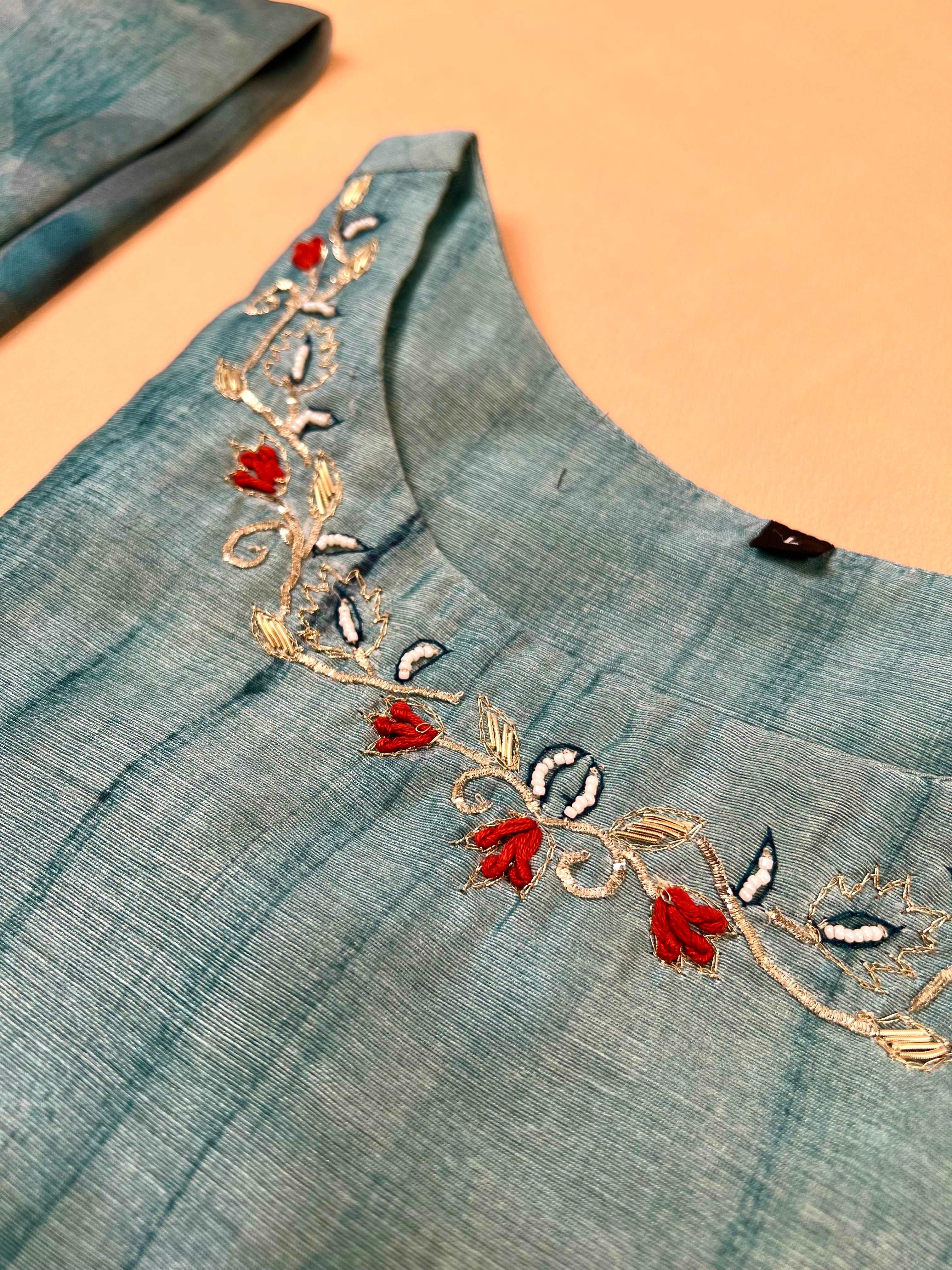 Sparkling Blue Cotton Silk Ready to Wear Silk Kurti Set