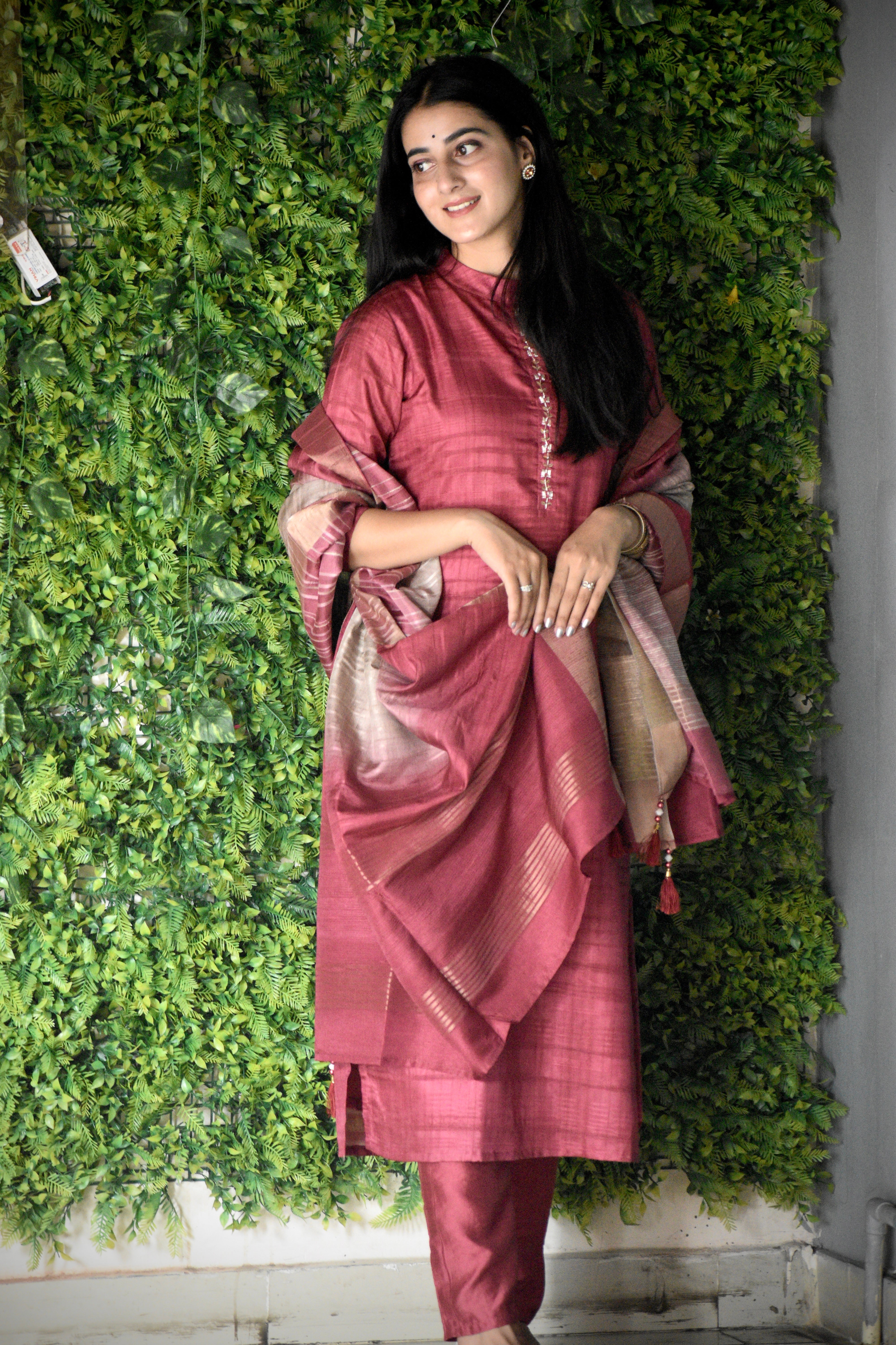 Luxurious Rose Red Ready to Wear Silk Kurti Set Geetha Creation