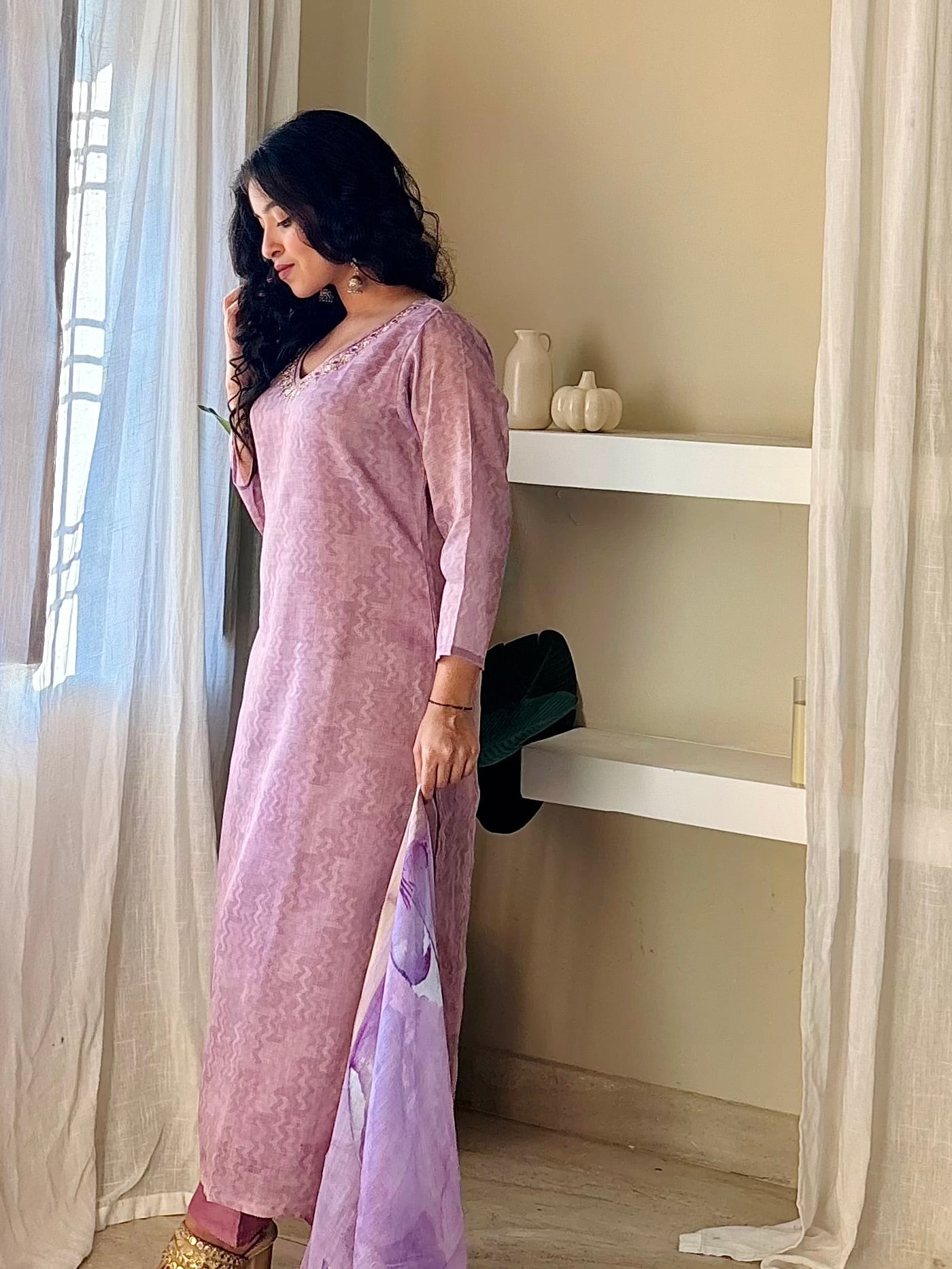Violaceous Sparkle Linen Ready To Wear Kurti Set Geetha Creation