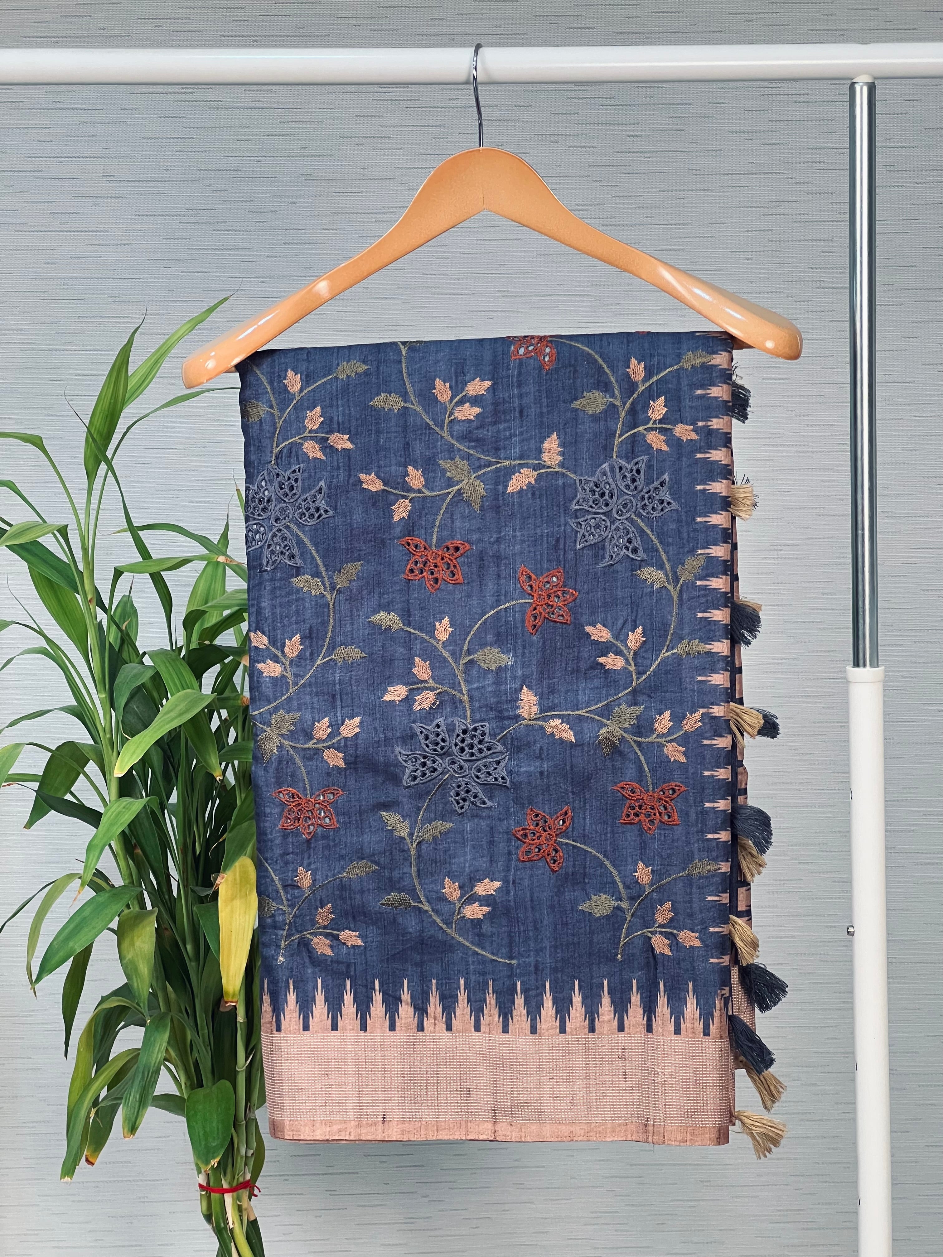 Traditional Navy Blue Embroidered Tussar Saree Geetha Creation
