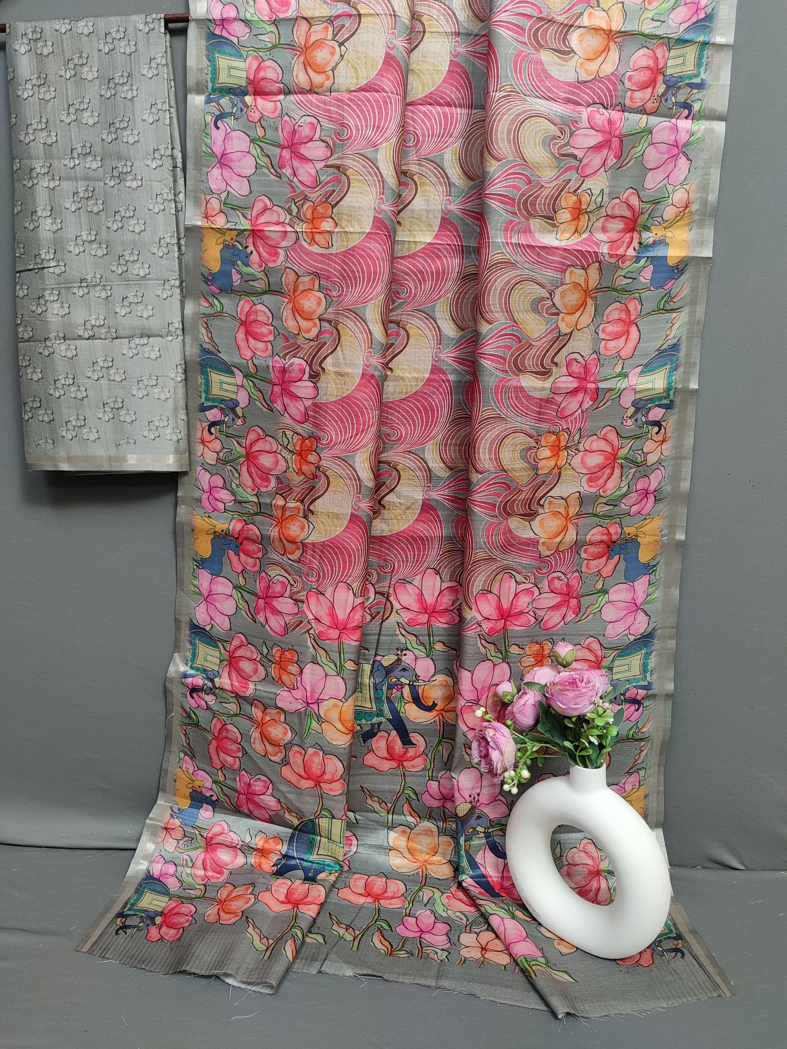 Pink Paradise Fine Border Tussar Saree FBS2 Geetha Creation