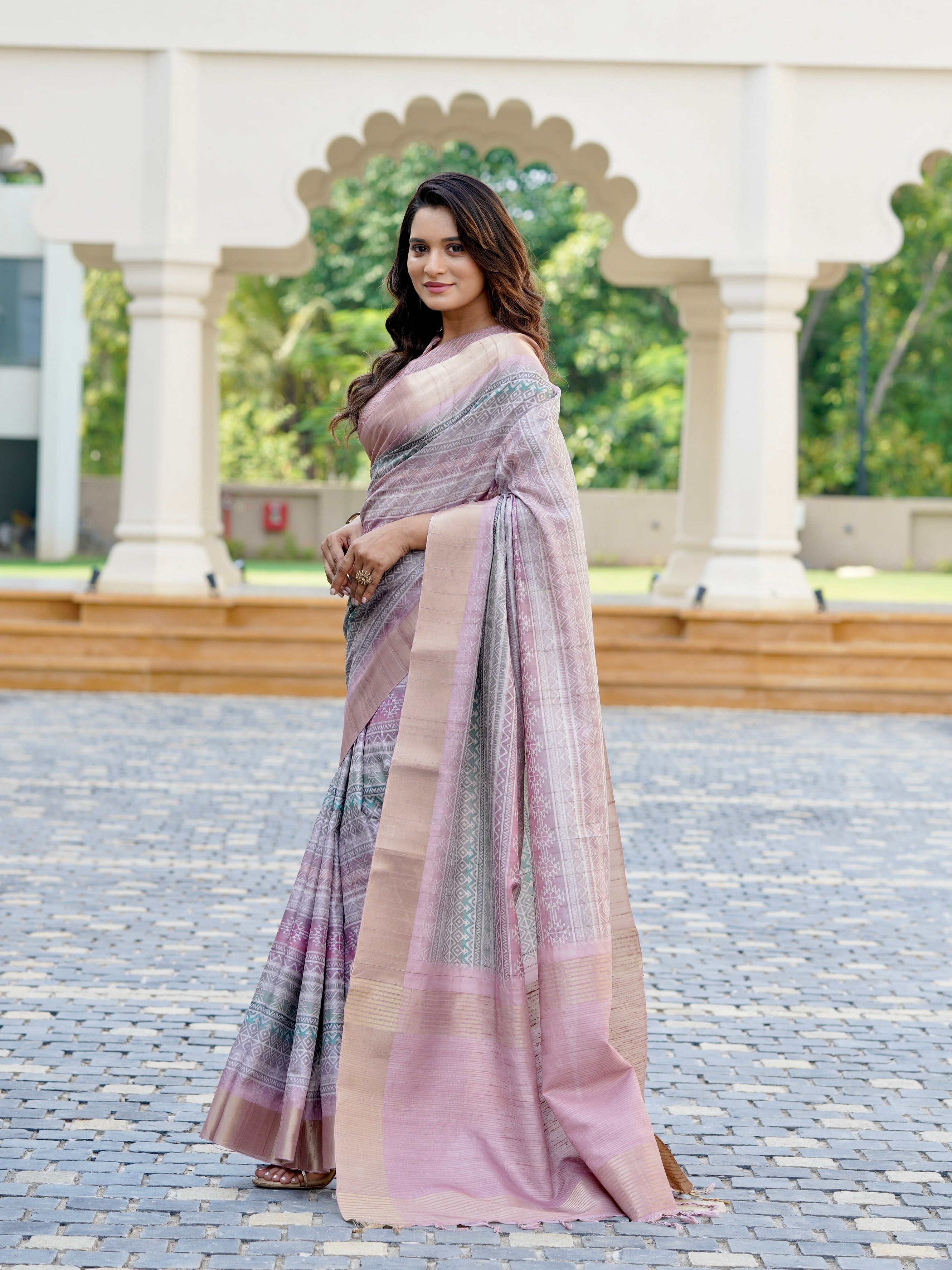 Pastel Geometry Chapa Handloom Tussar Saree C3 Geetha Creation