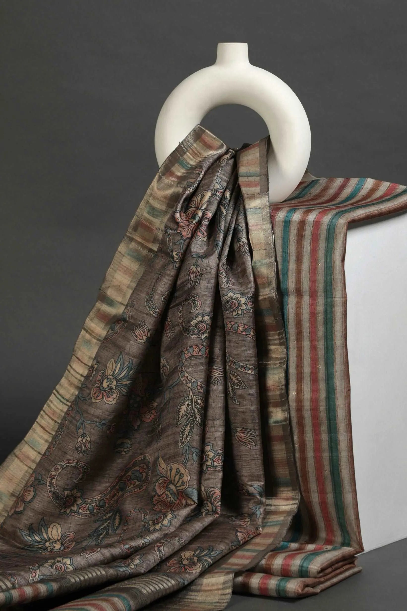 Dark Brown and Multihued Striped Semi Tussar Two Piece Suit Set Geetha Creation