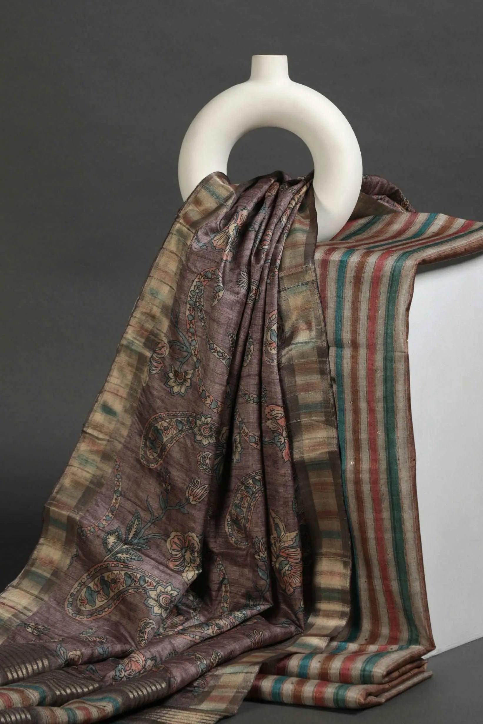 Dusty Purple and Multihued Striped Semi Tussar Two Piece Suit Set Geetha Creation